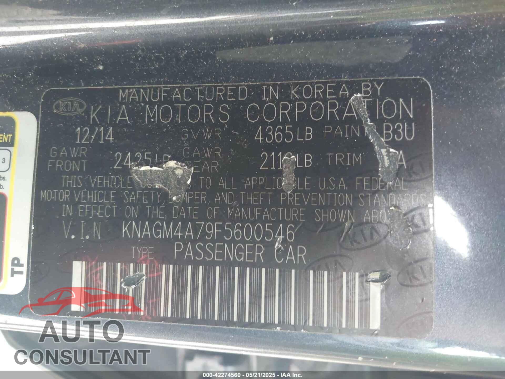 KIA OPTIMA 2015 - KNAGM4A79F5600546