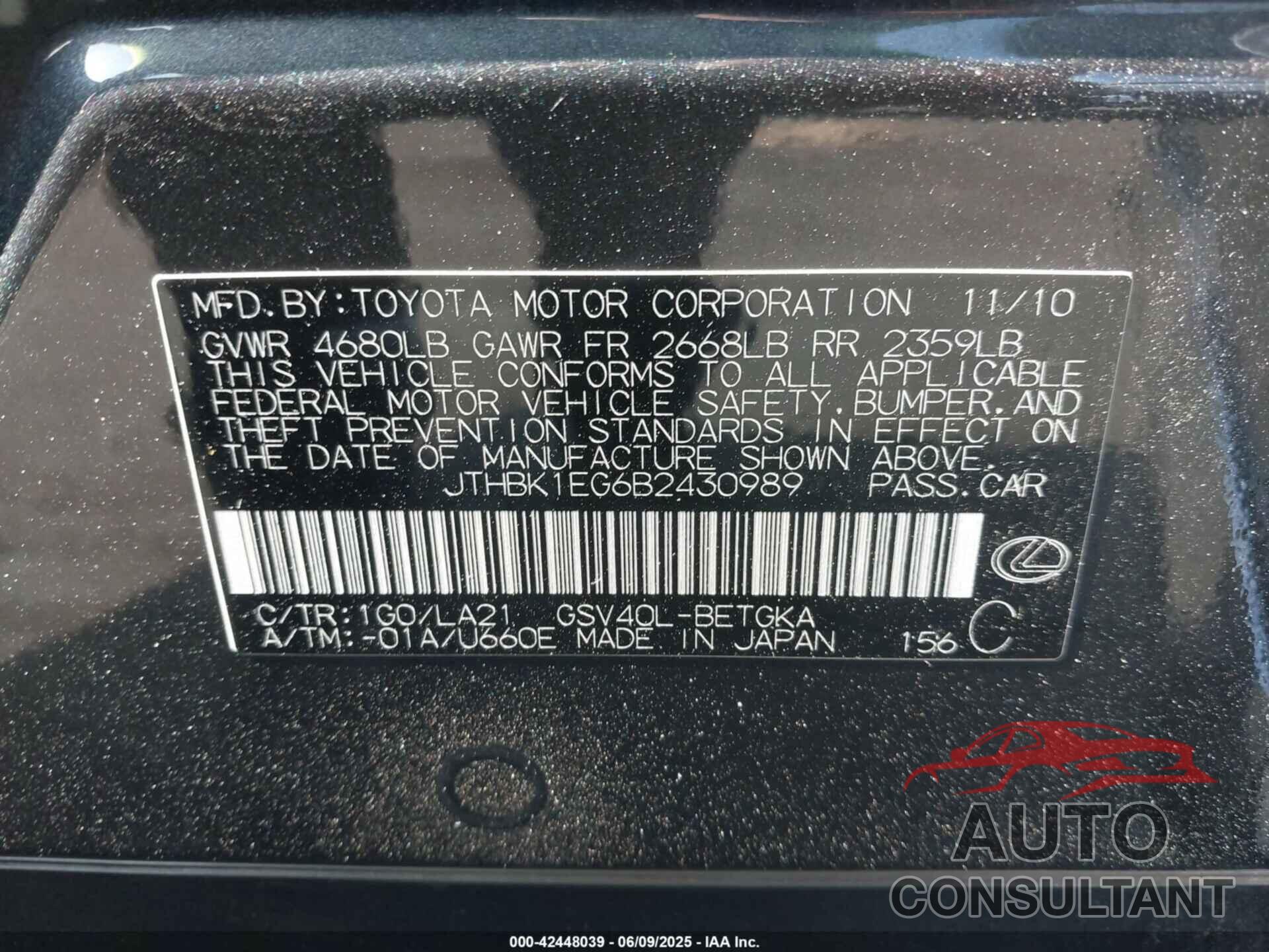 LEXUS ES 350 2011 - JTHBK1EG6B2430989