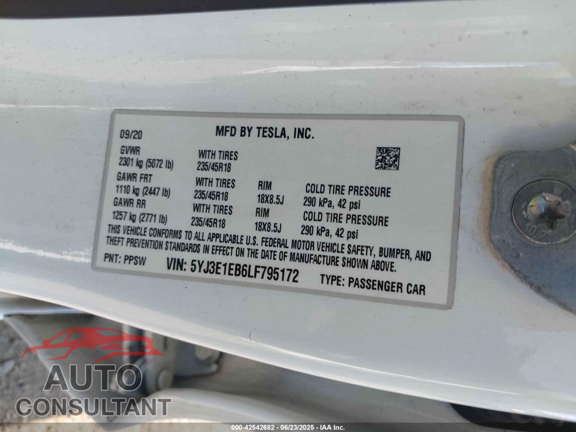 TESLA MODEL 3 2020 - 5YJ3E1EB6LF795172