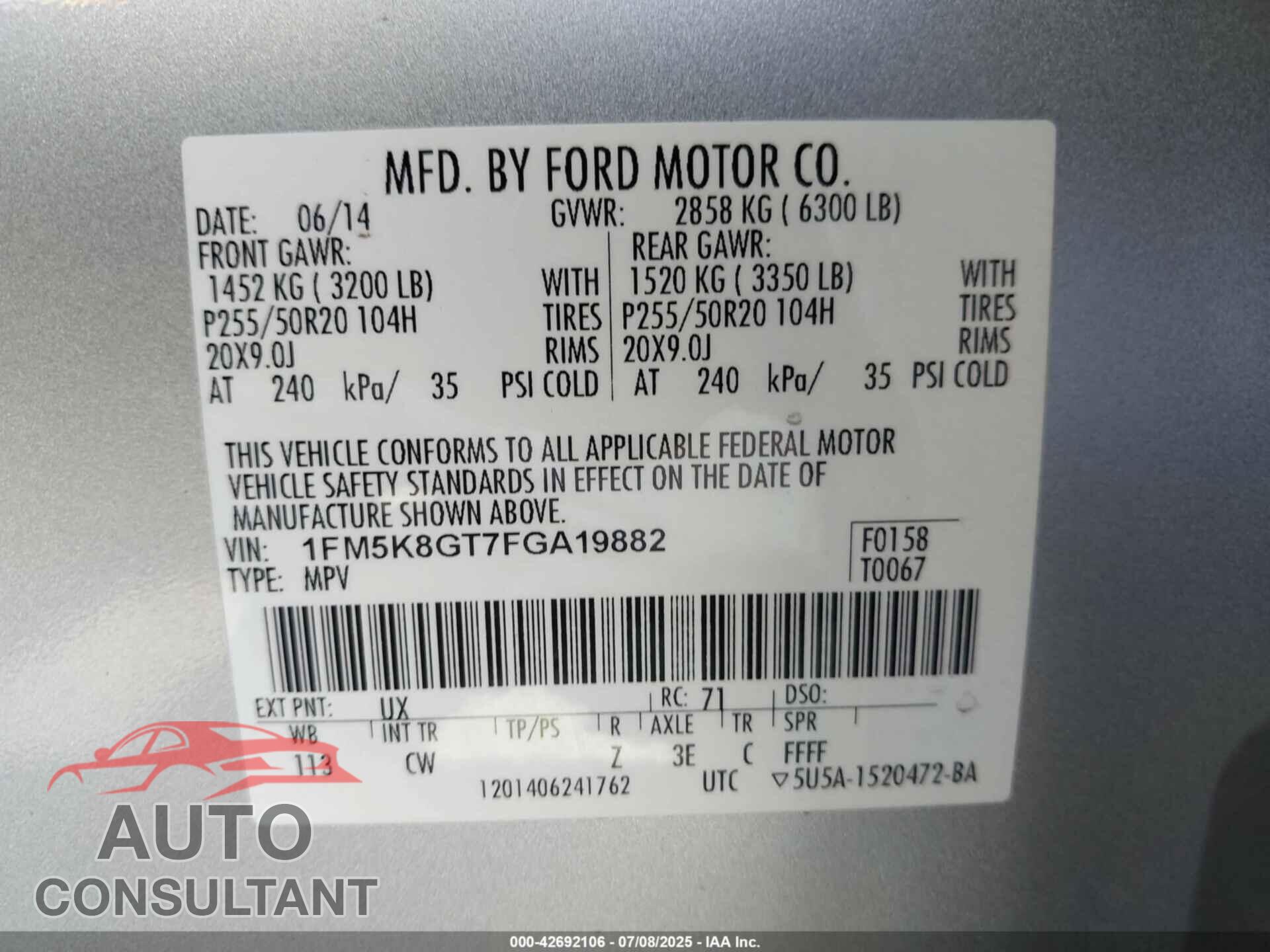 FORD EXPLORER 2015 - 1FM5K8GT7FGA19882