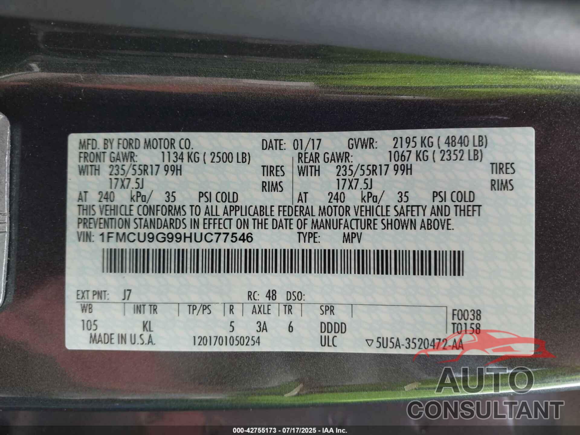 FORD ESCAPE 2017 - 1FMCU9G99HUC77546