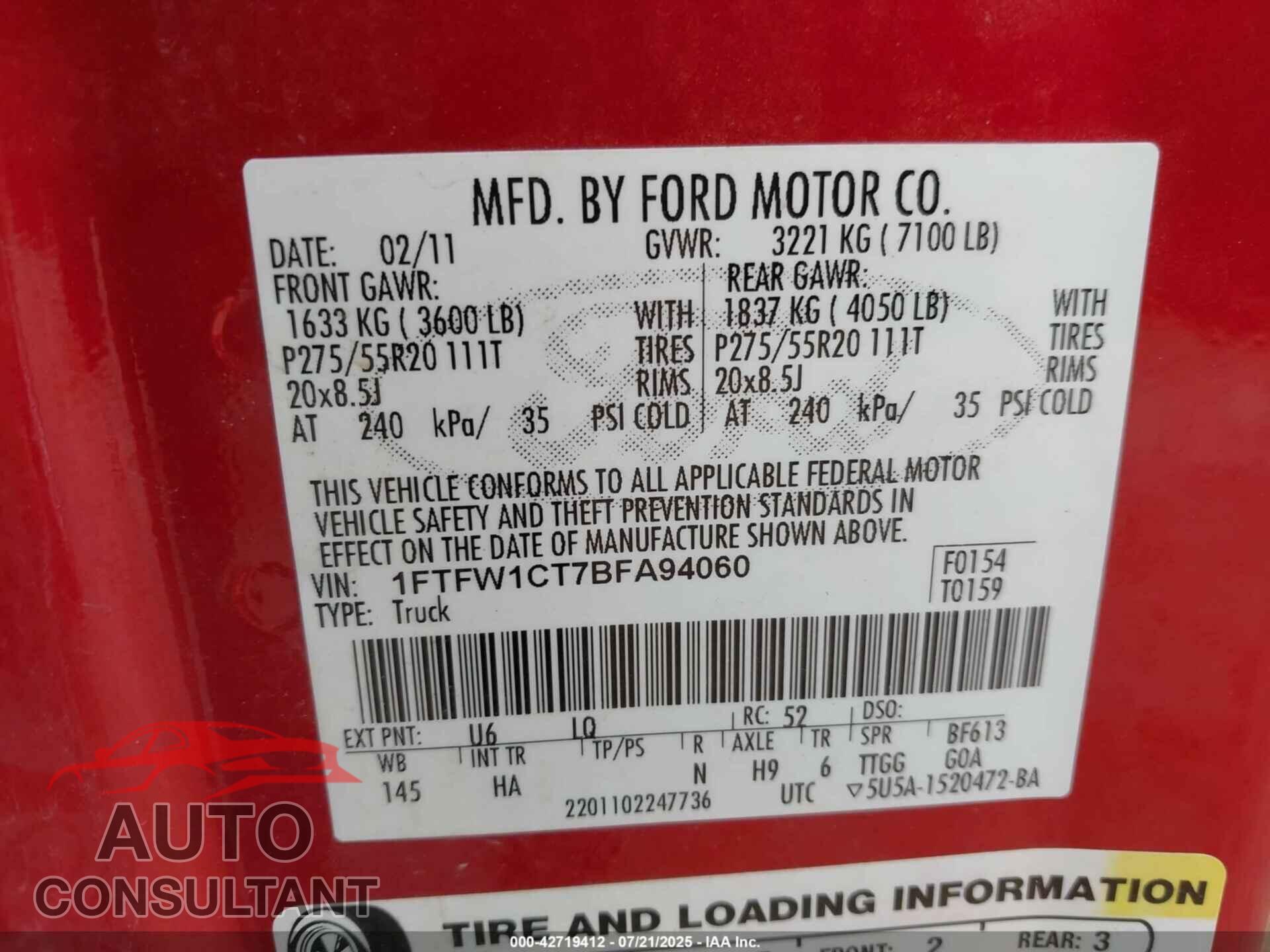 FORD F-150 2011 - 1FTFW1CT7BFA94060