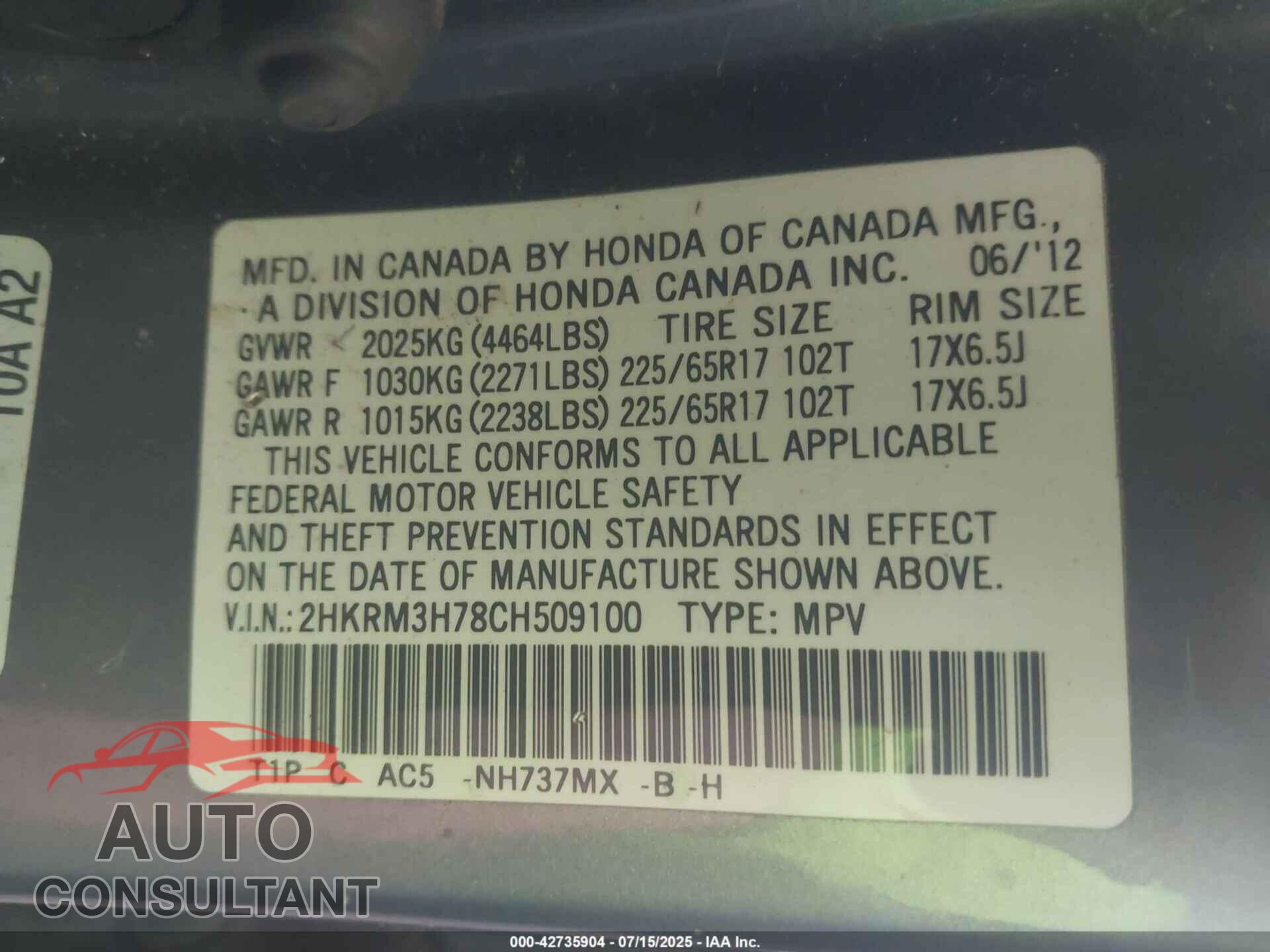 HONDA CR-V 2012 - 2HKRM3H78CH509100