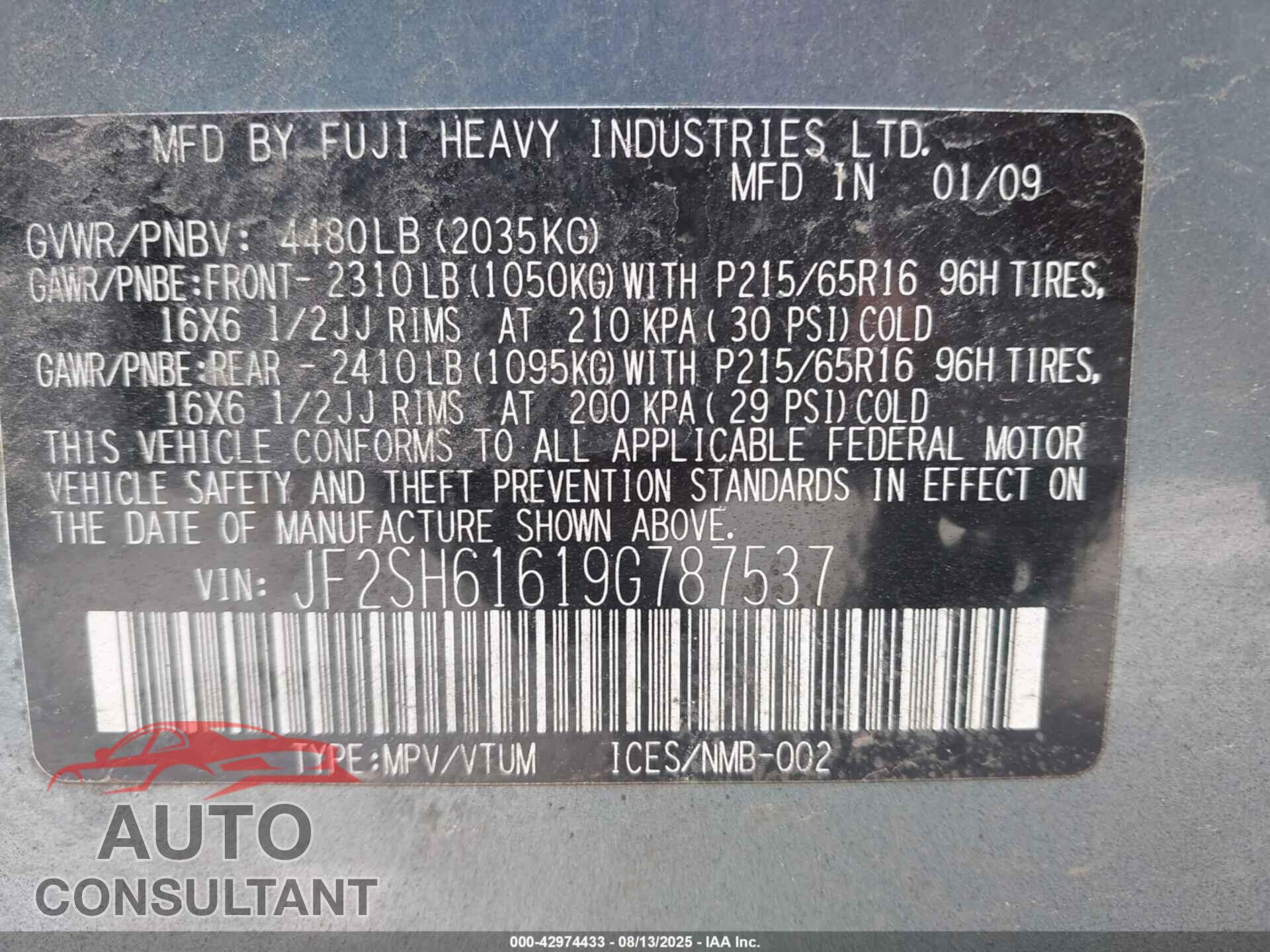 SUBARU FORESTER 2009 - JF2SH61619G787537