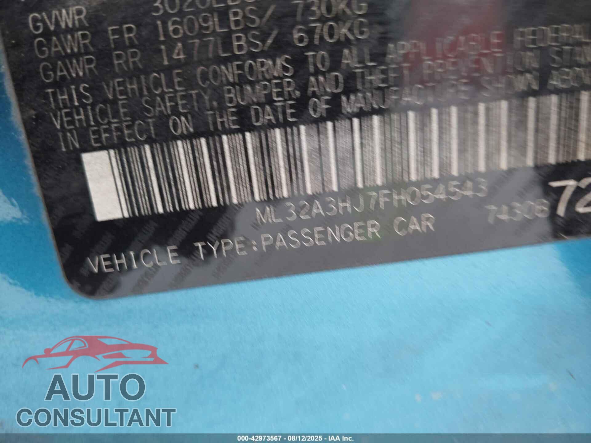 MITSUBISHI MIRAGE 2015 - ML32A3HJ7FH054543