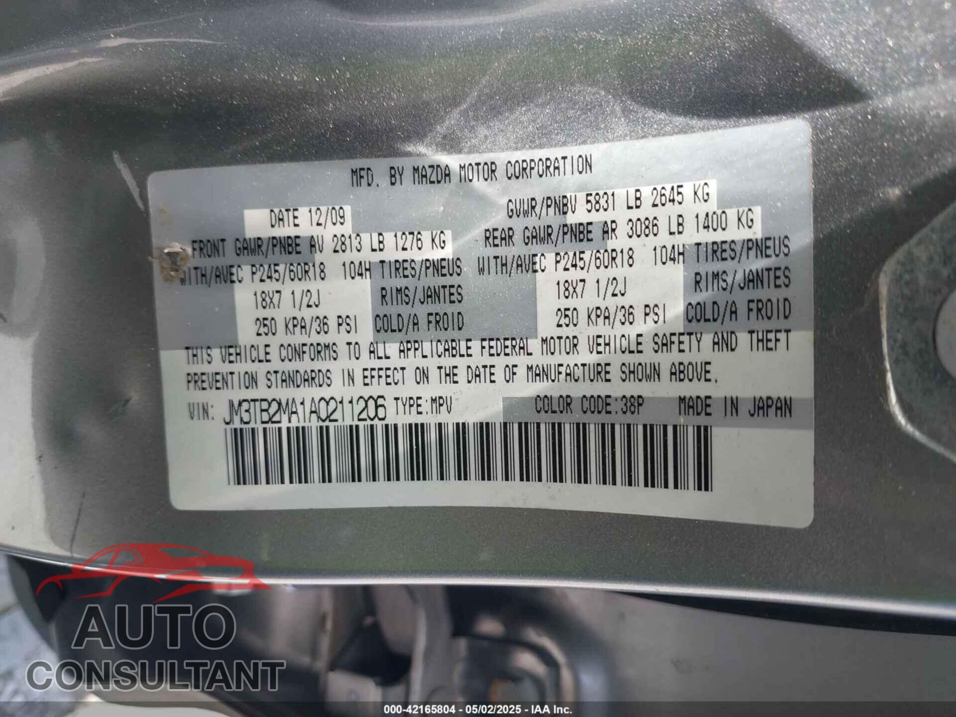 MAZDA CX-9 2010 - JM3TB2MA1A0211206
