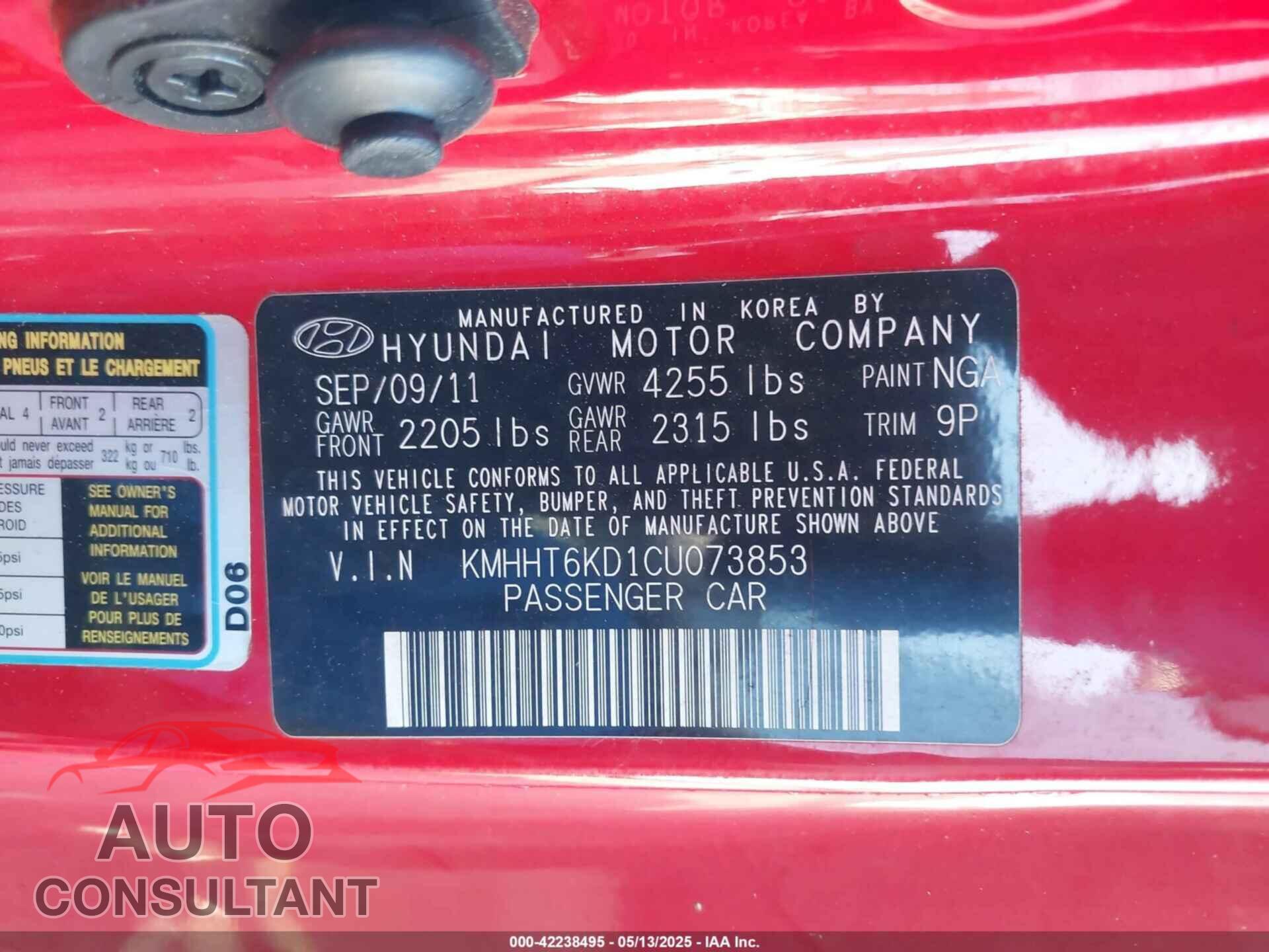 HYUNDAI GENESIS 2012 - KMHHT6KD1CU073853
