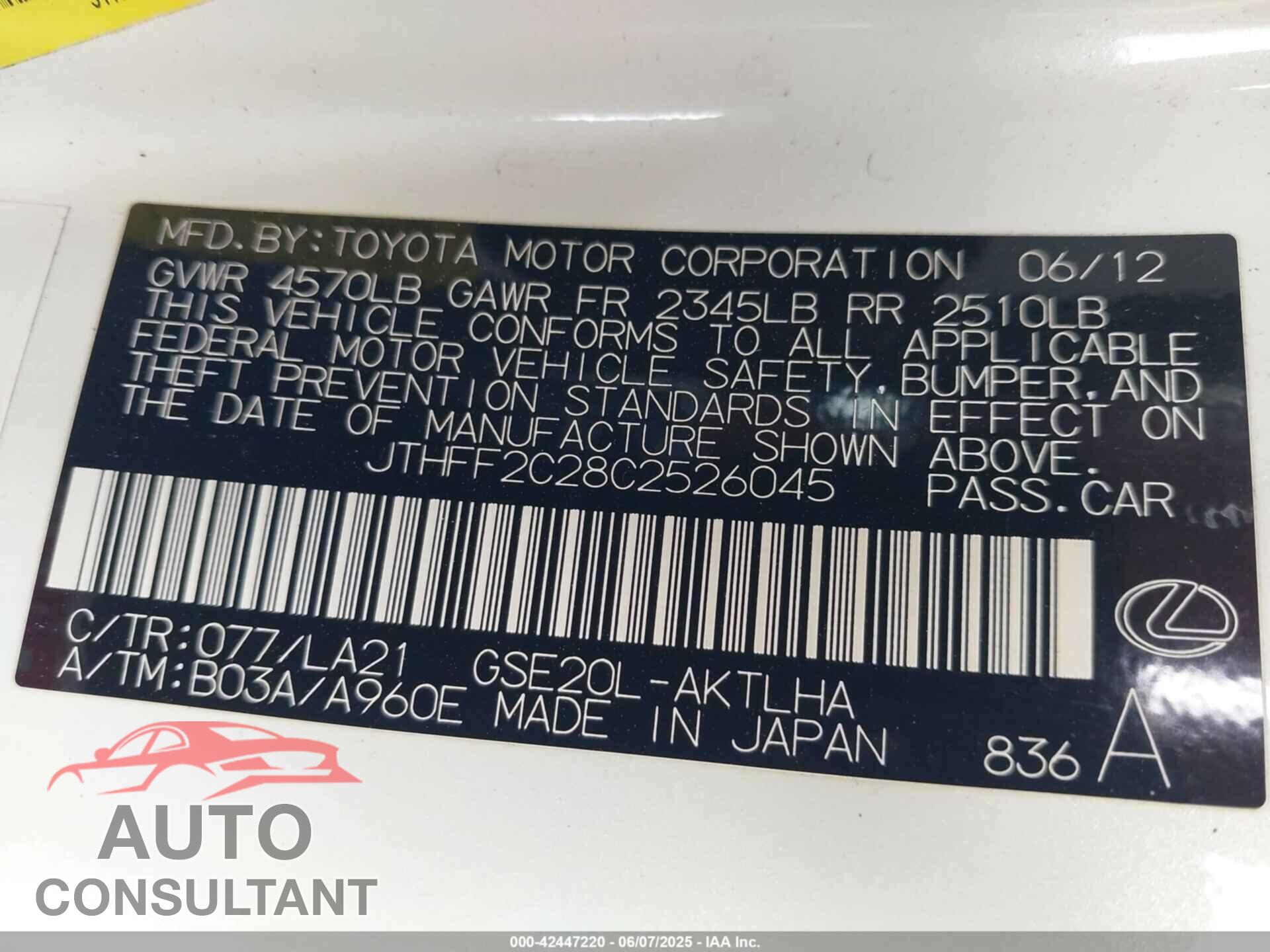 LEXUS IS 250C 2012 - JTHFF2C28C2526045