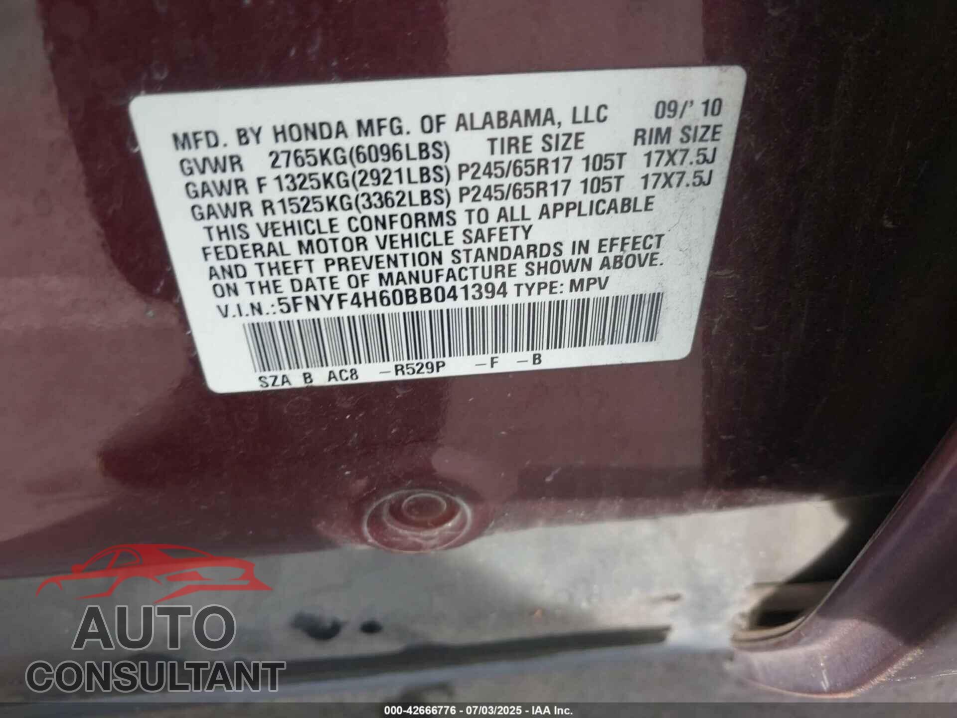HONDA PILOT 2011 - 5FNYF4H60BB041394