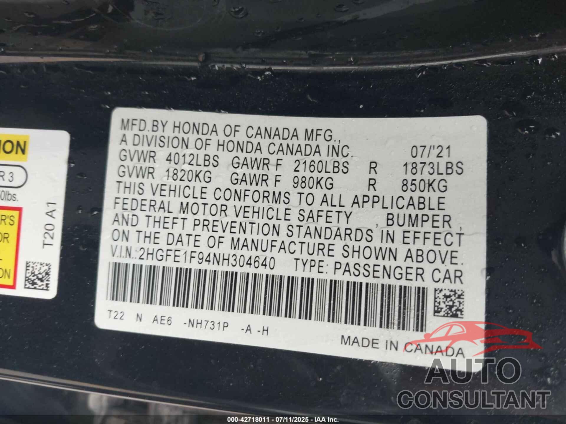 HONDA CIVIC 2022 - 2HGFE1F94NH304640