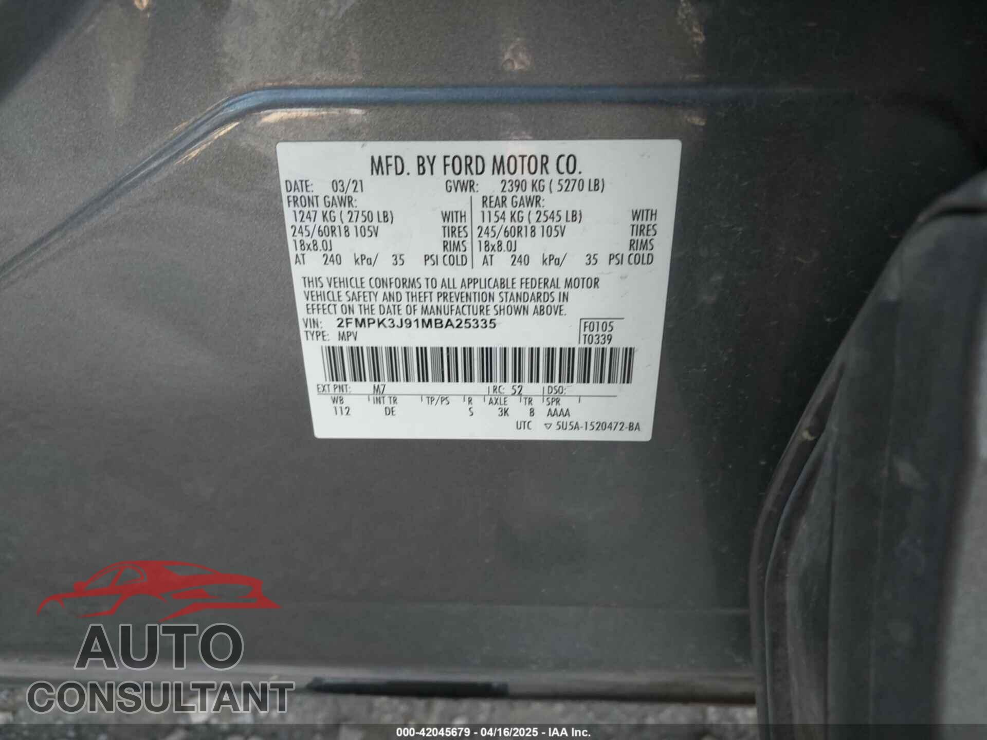 FORD EDGE 2021 - 2FMPK3J91MBA25335