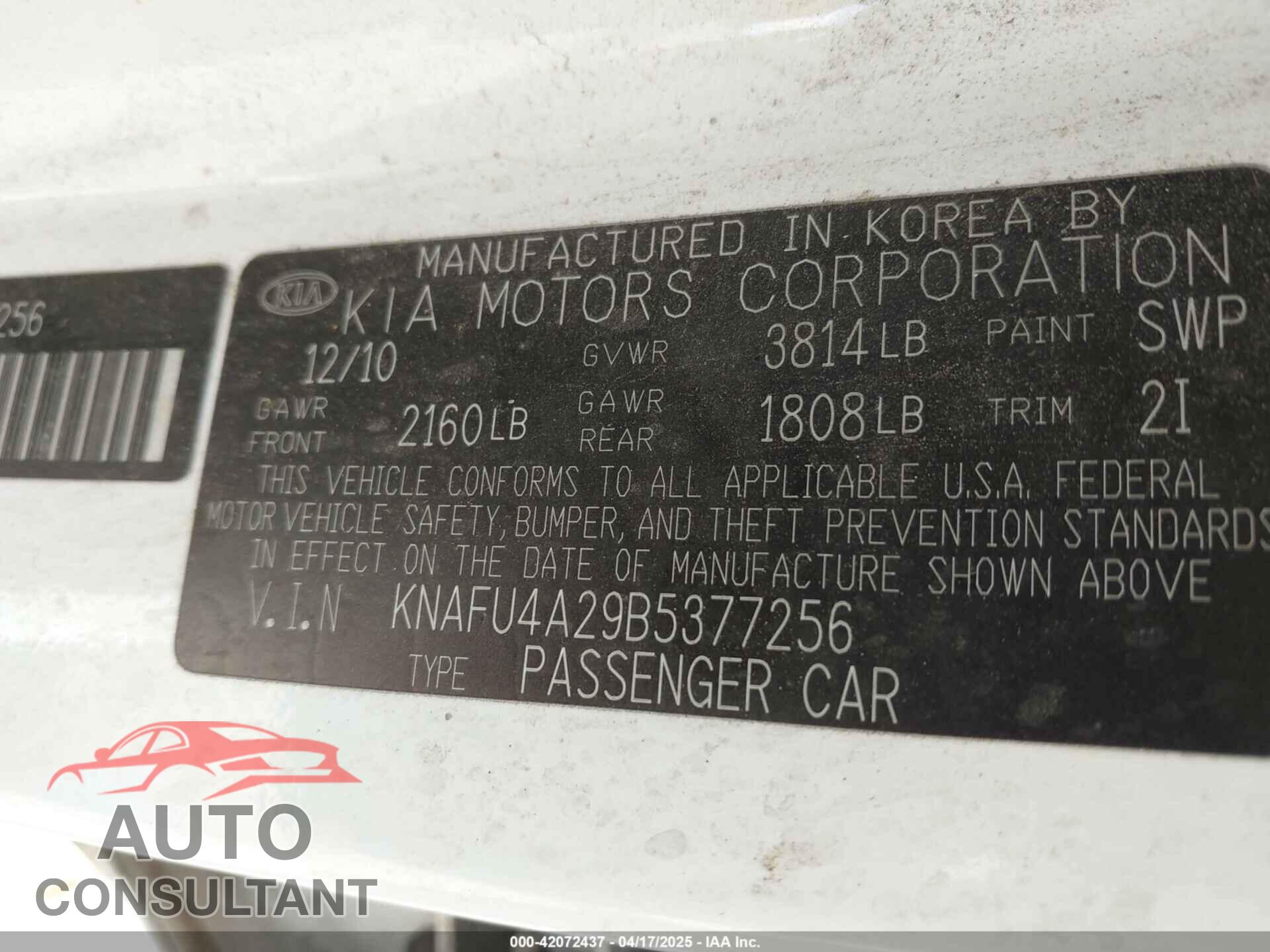 KIA FORTE 2011 - KNAFU4A29B5377256