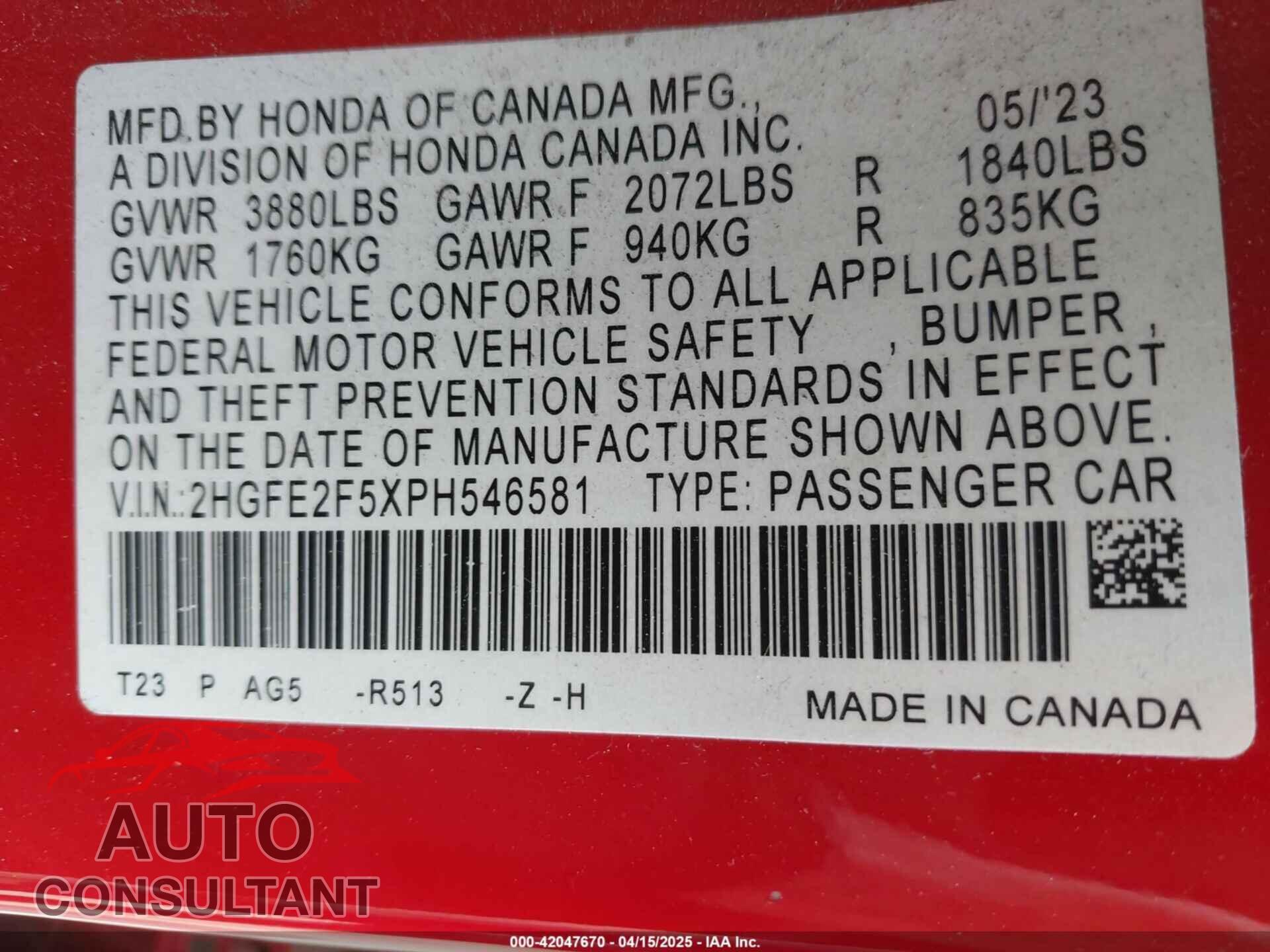 HONDA CIVIC 2023 - 2HGFE2F5XPH546581