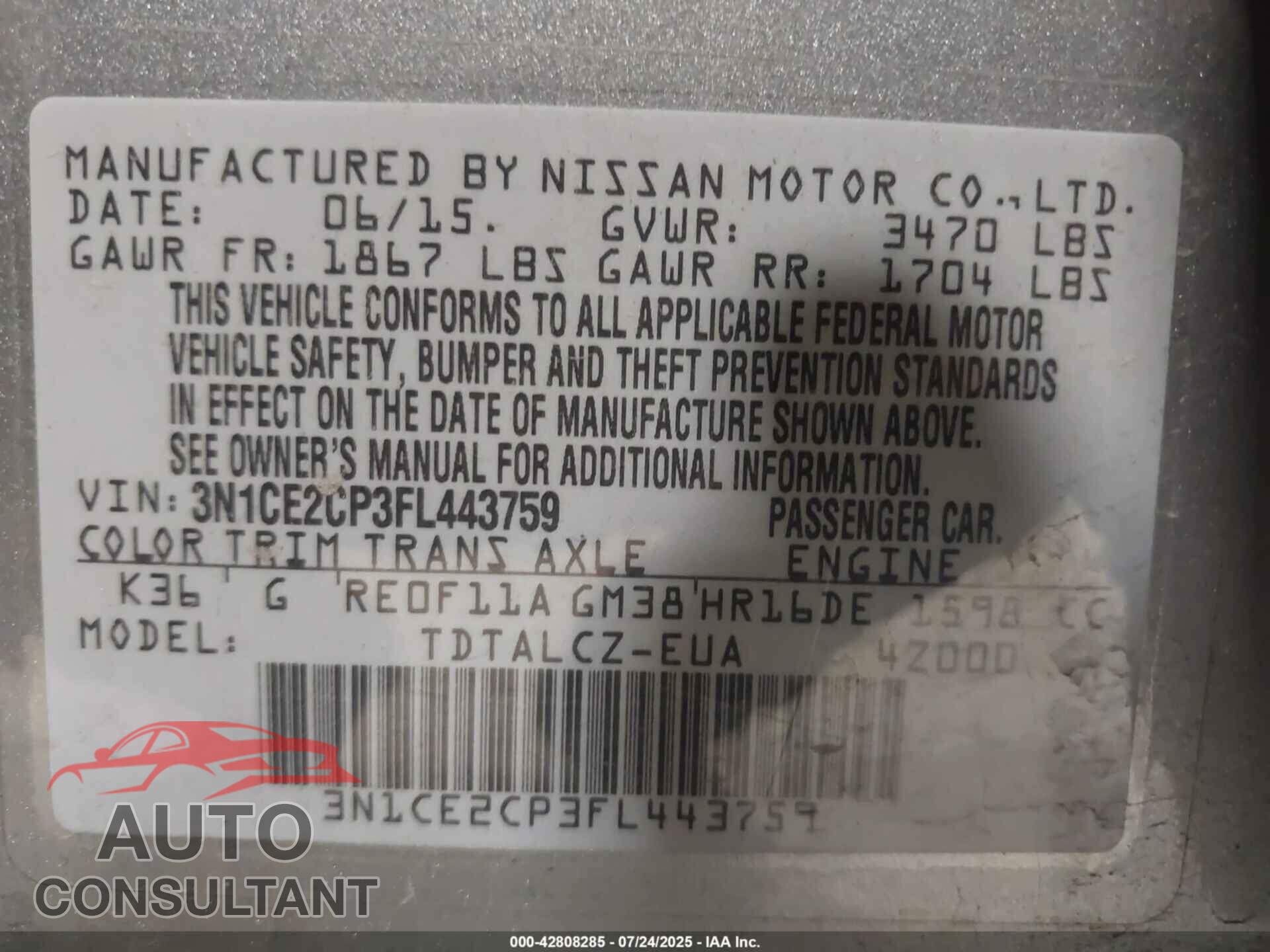 NISSAN VERSA NOTE 2015 - 3N1CE2CP3FL443759