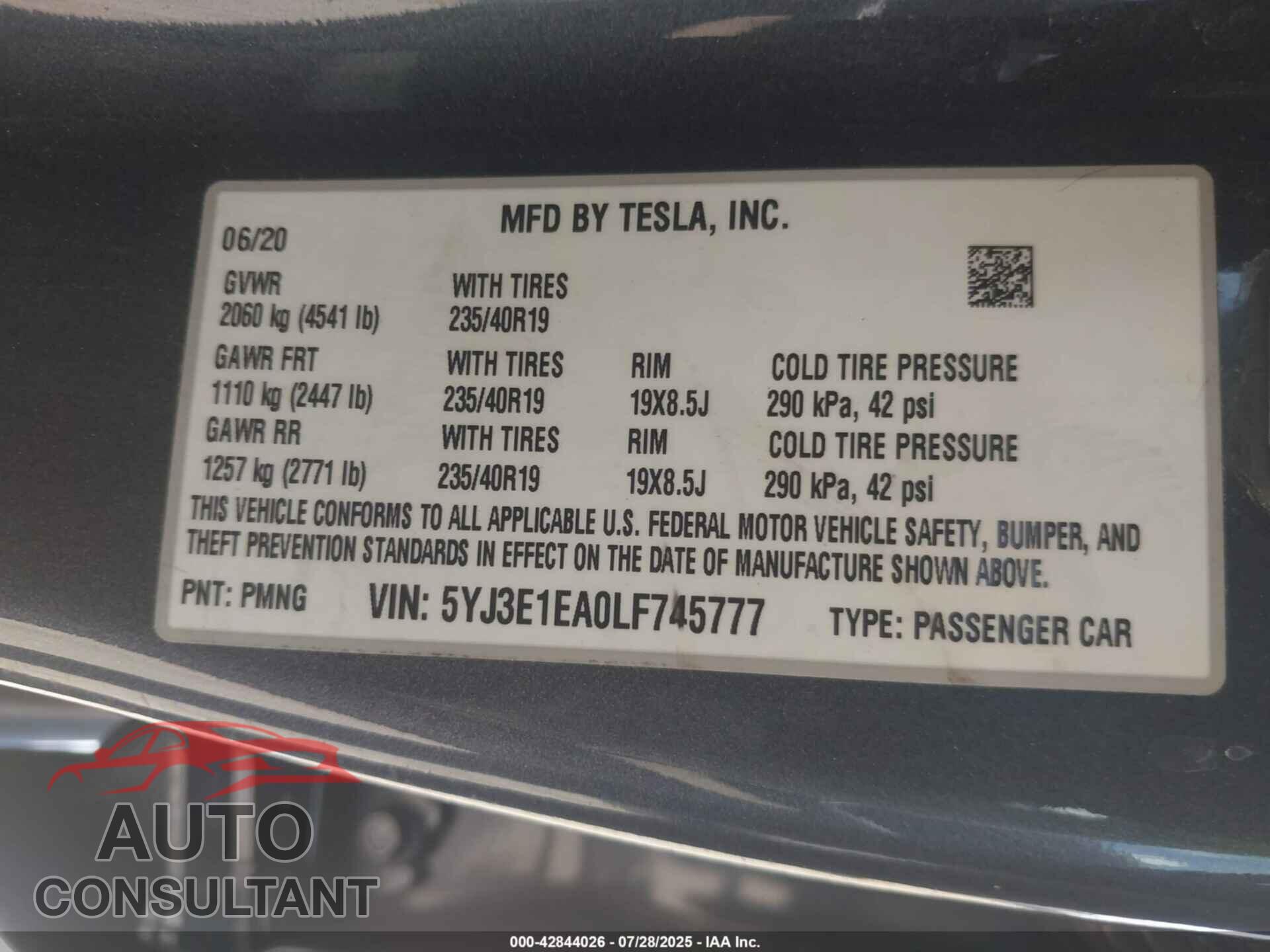TESLA MODEL 3 2020 - 5YJ3E1EA0LF745777