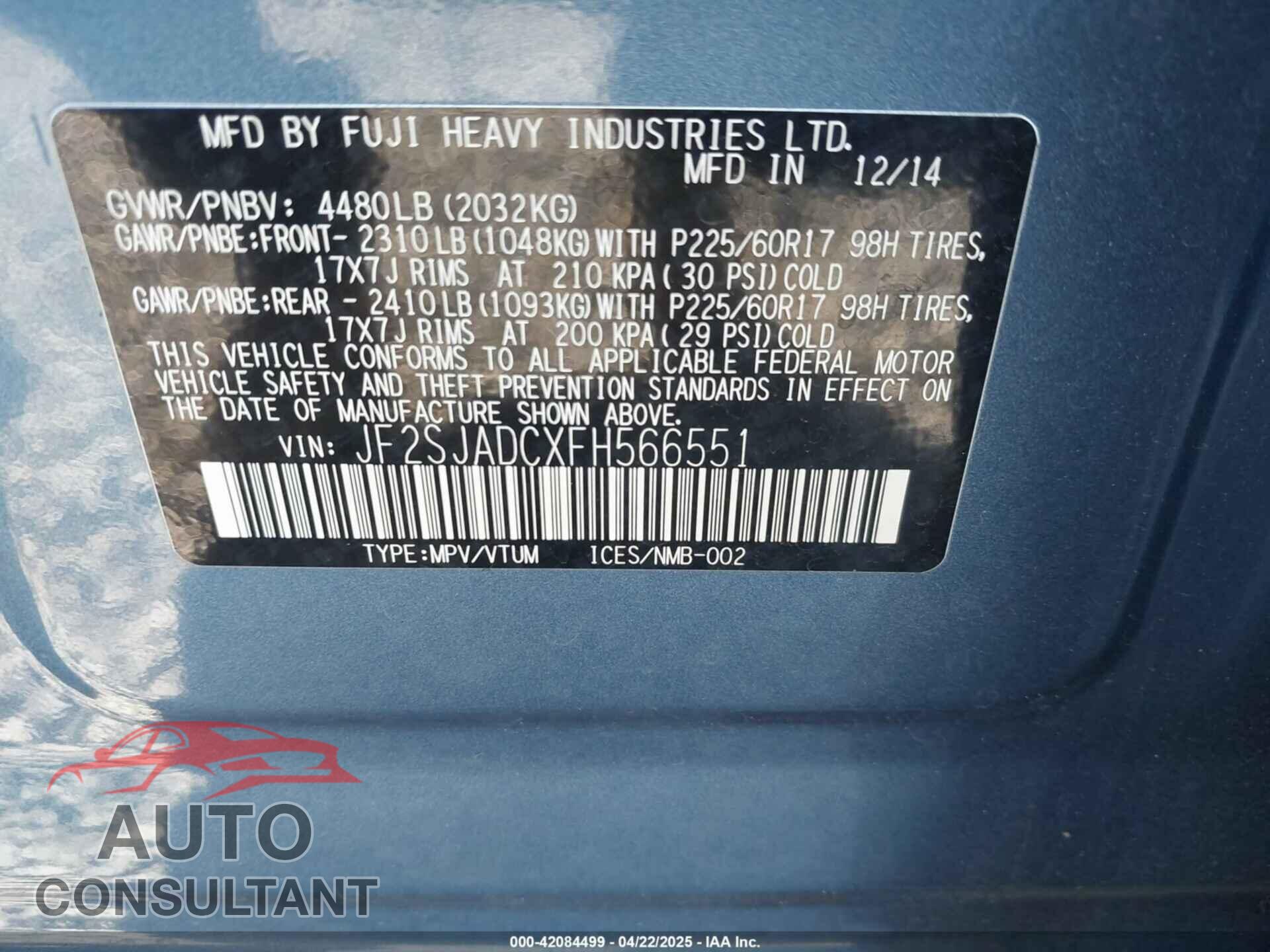 SUBARU FORESTER 2015 - JF2SJADCXFH566551