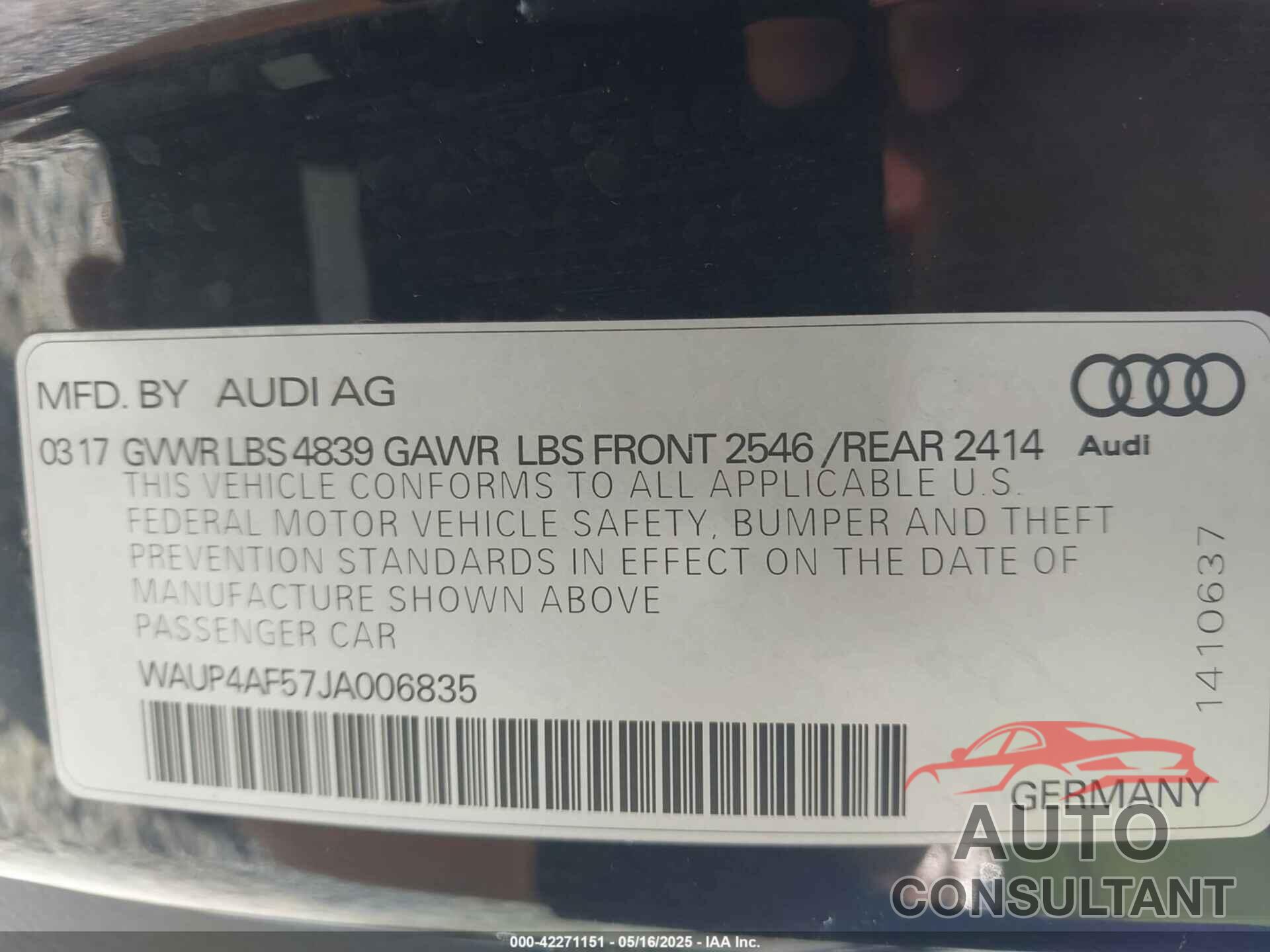 AUDI S5 2018 - WAUP4AF57JA006835