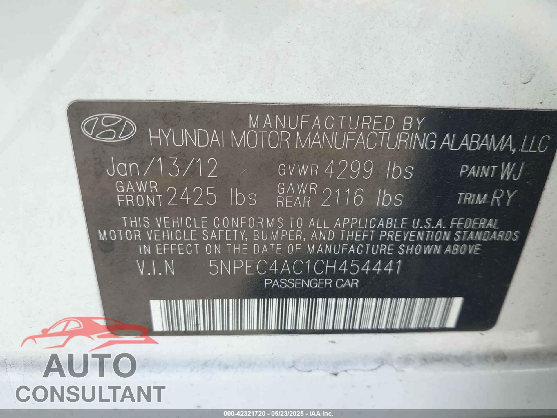 HYUNDAI SONATA 2012 - 5NPEC4AC1CH454441
