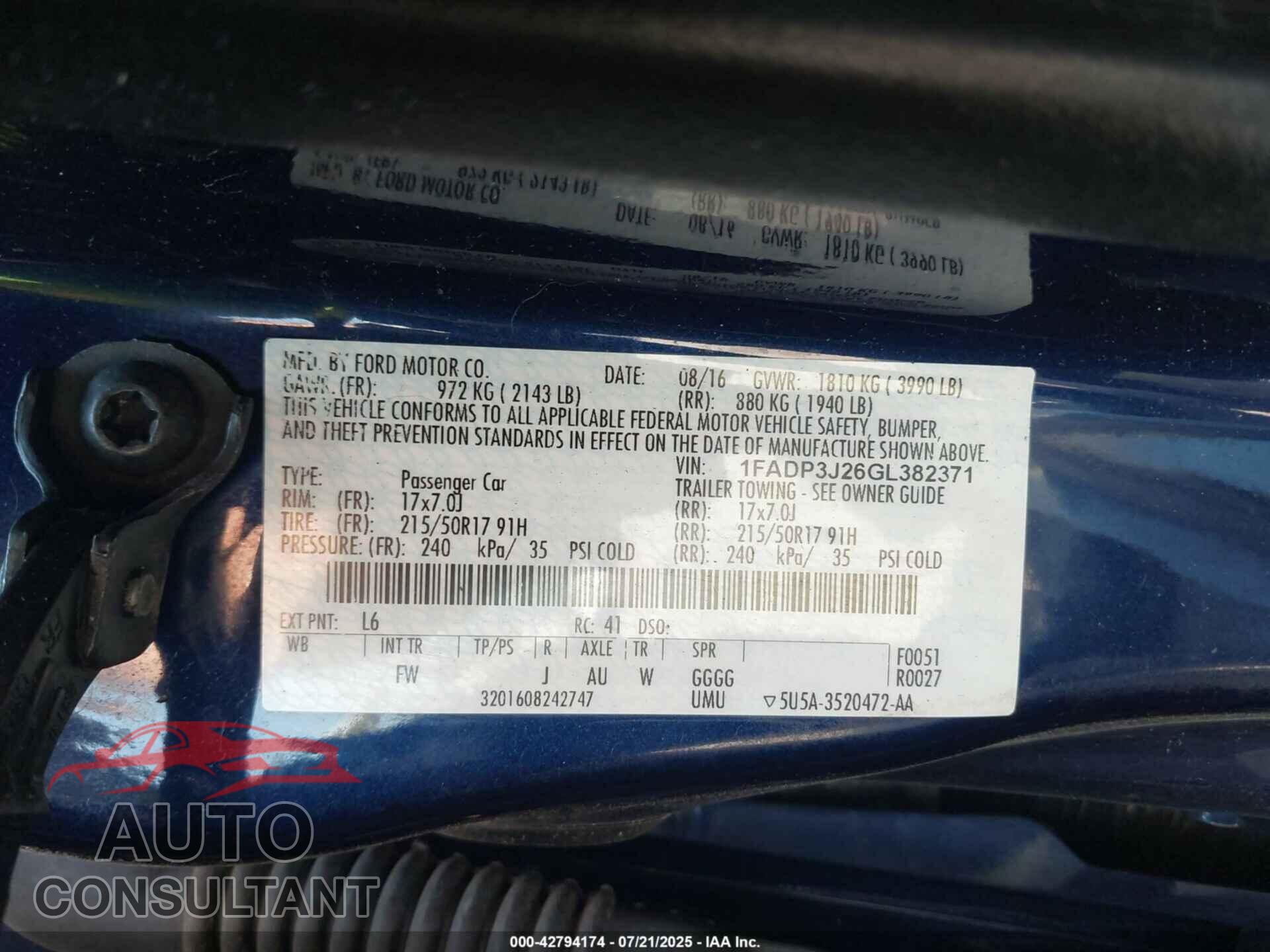 FORD FOCUS 2016 - 1FADP3J26GL382371