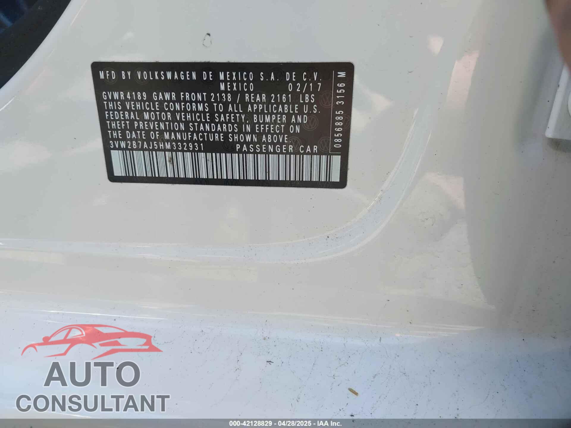 VOLKSWAGEN JETTA 2017 - 3VW2B7AJ5HM332931