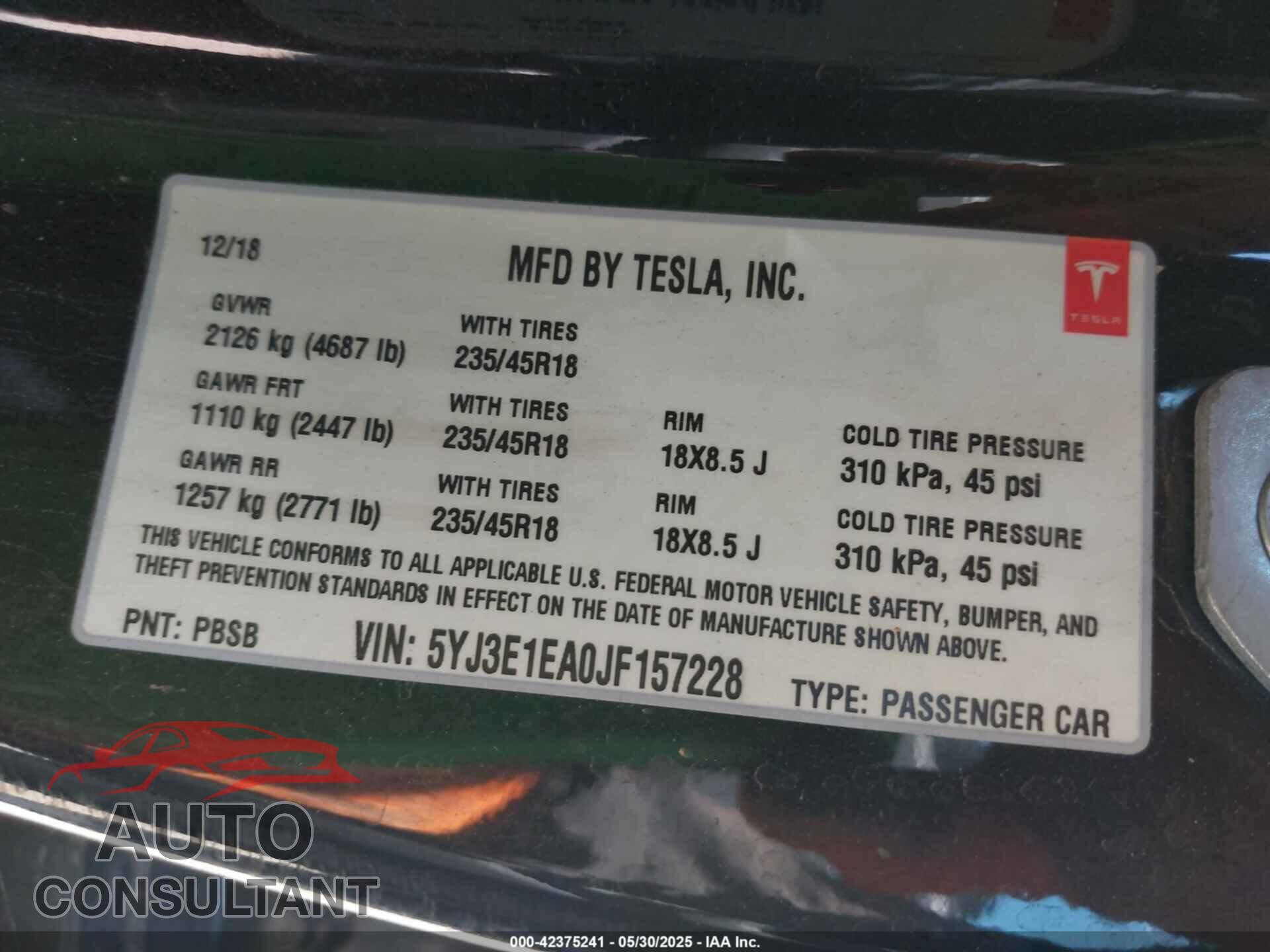 TESLA MODEL 3 2018 - 5YJ3E1EA0JF157228