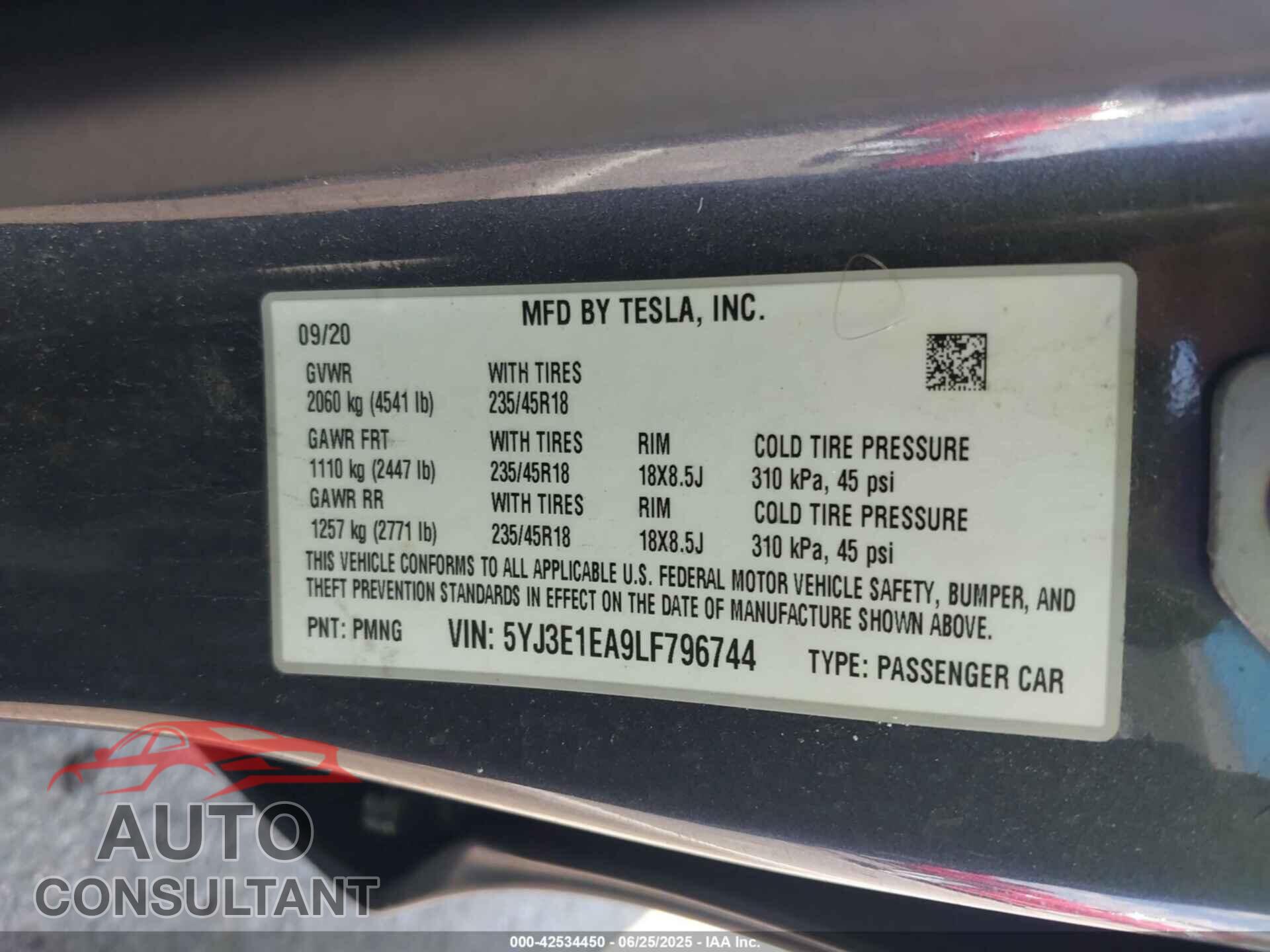 TESLA MODEL 3 2020 - 5YJ3E1EA9LF796744