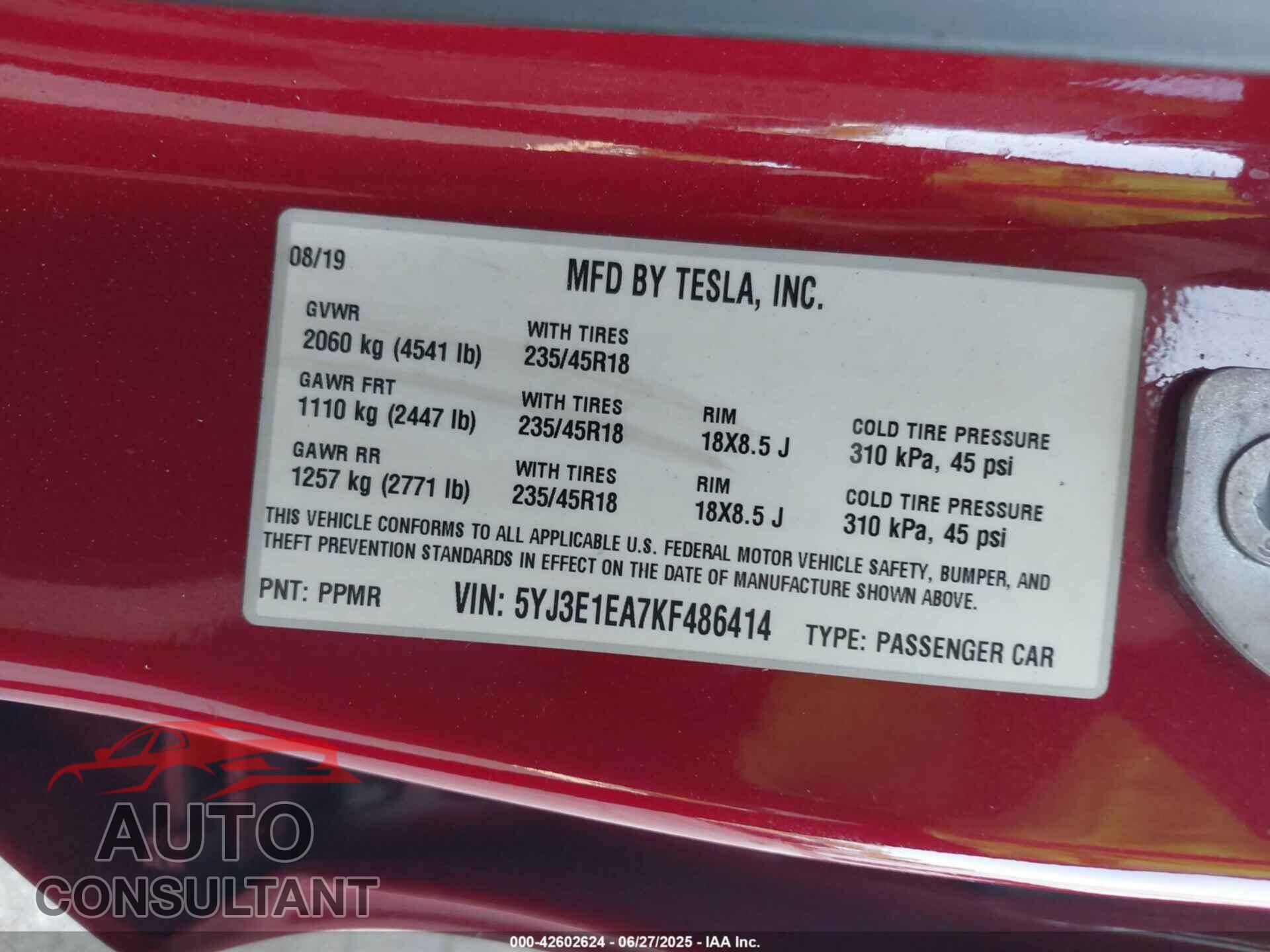 TESLA MODEL 3 2019 - 5YJ3E1EA7KF486414