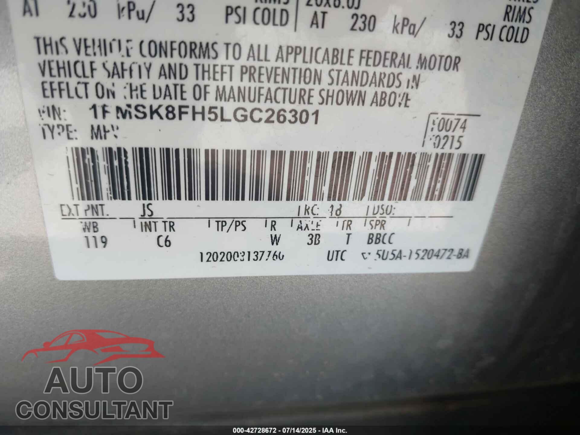 FORD EXPLORER 2020 - 1FMSK8FH5LGC26301