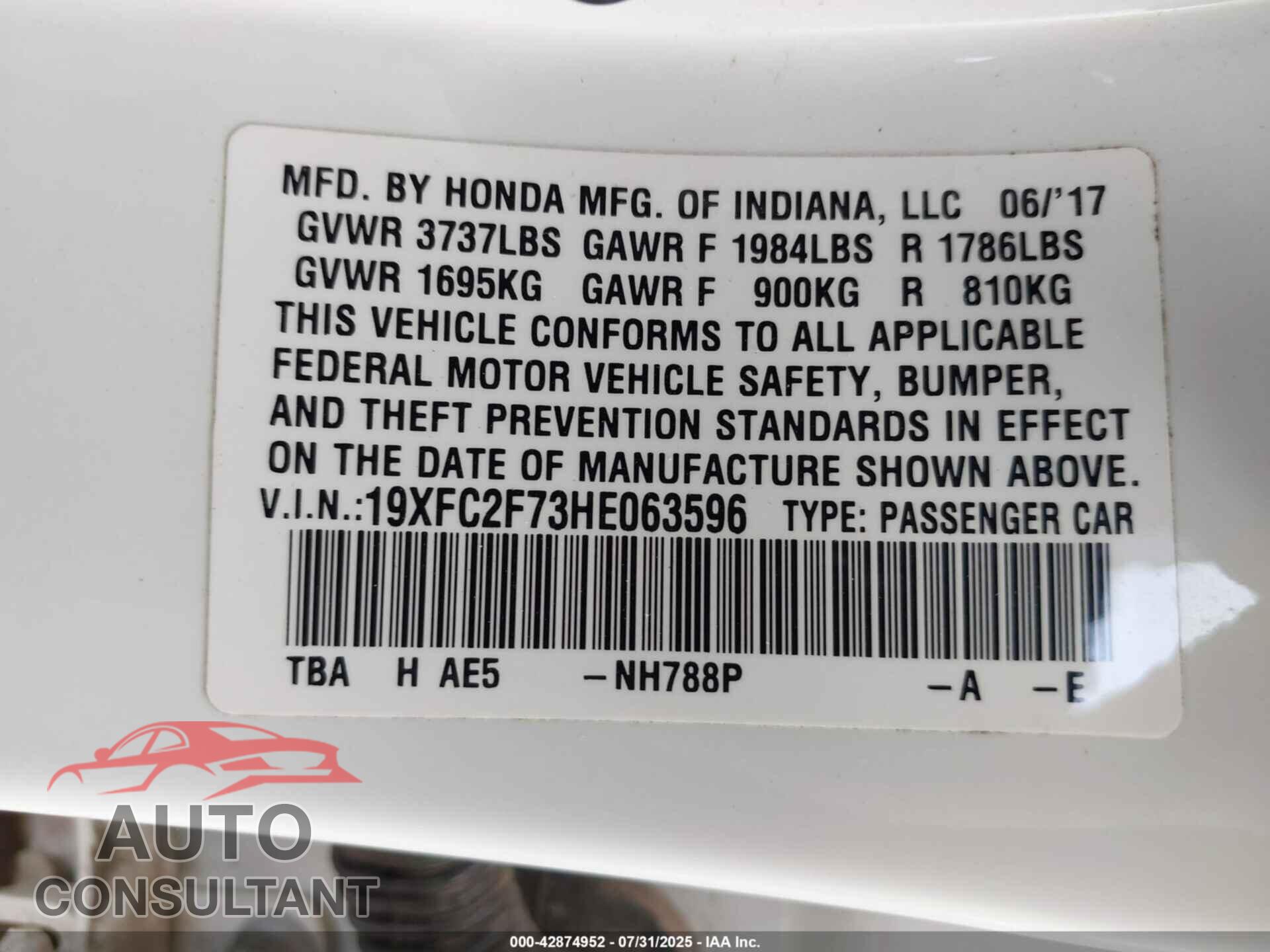 HONDA CIVIC 2017 - 19XFC2F73HE063596