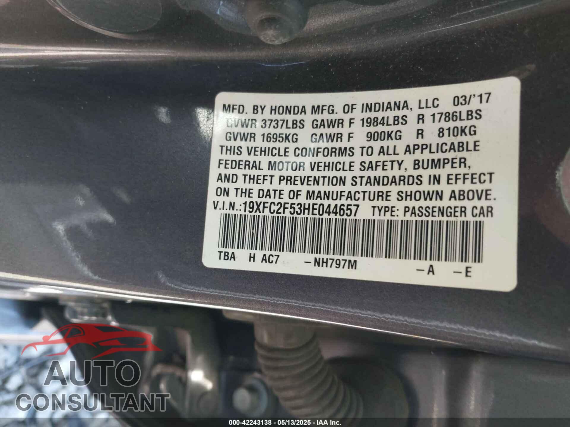 HONDA CIVIC 2017 - 19XFC2F53HE044657
