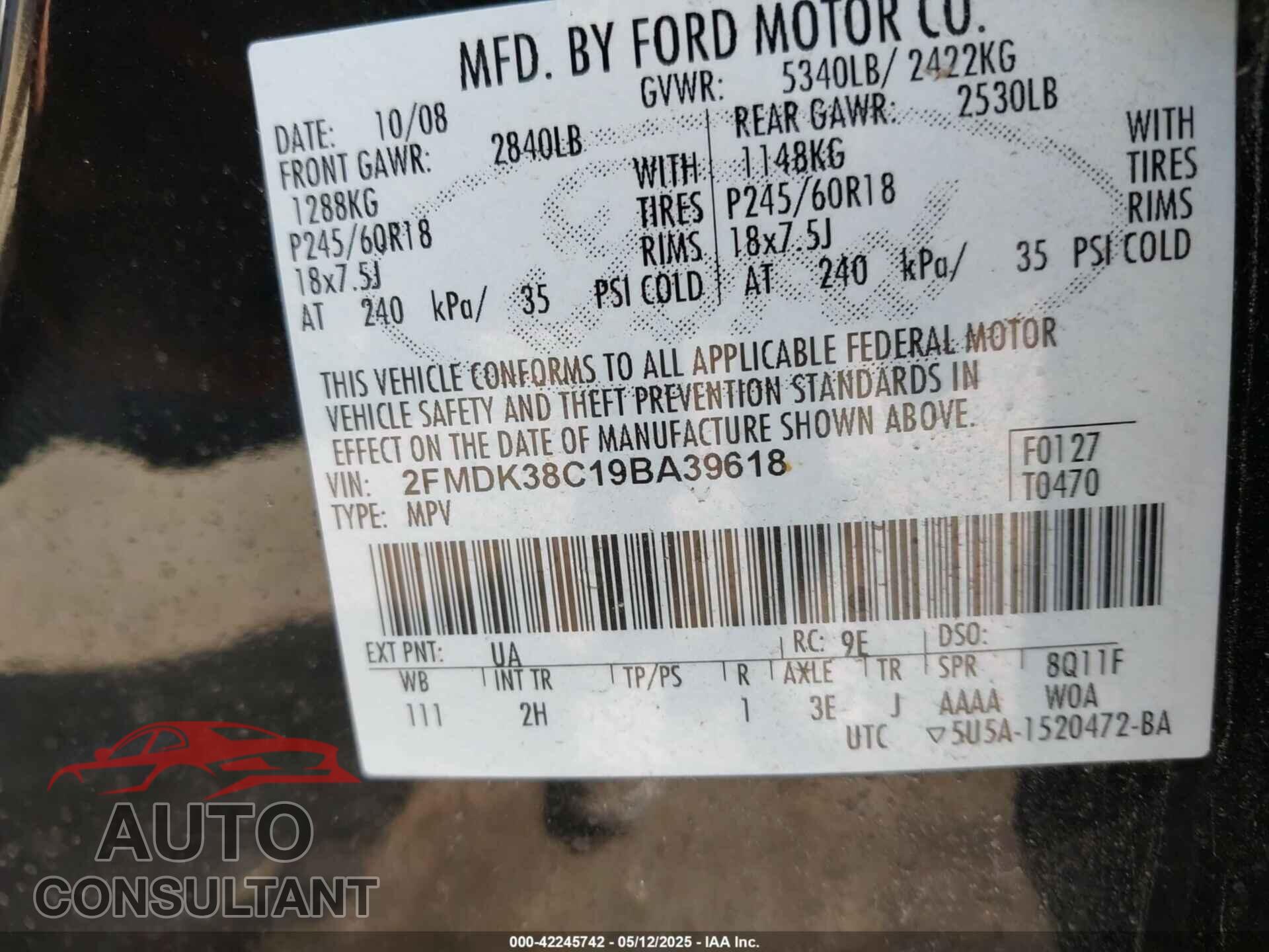 FORD EDGE 2009 - 2FMDK38C19BA39618