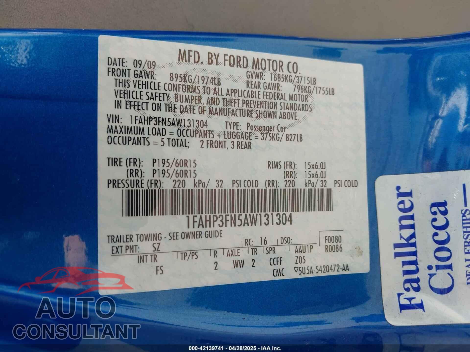 FORD FOCUS 2010 - 1FAHP3FN5AW131304