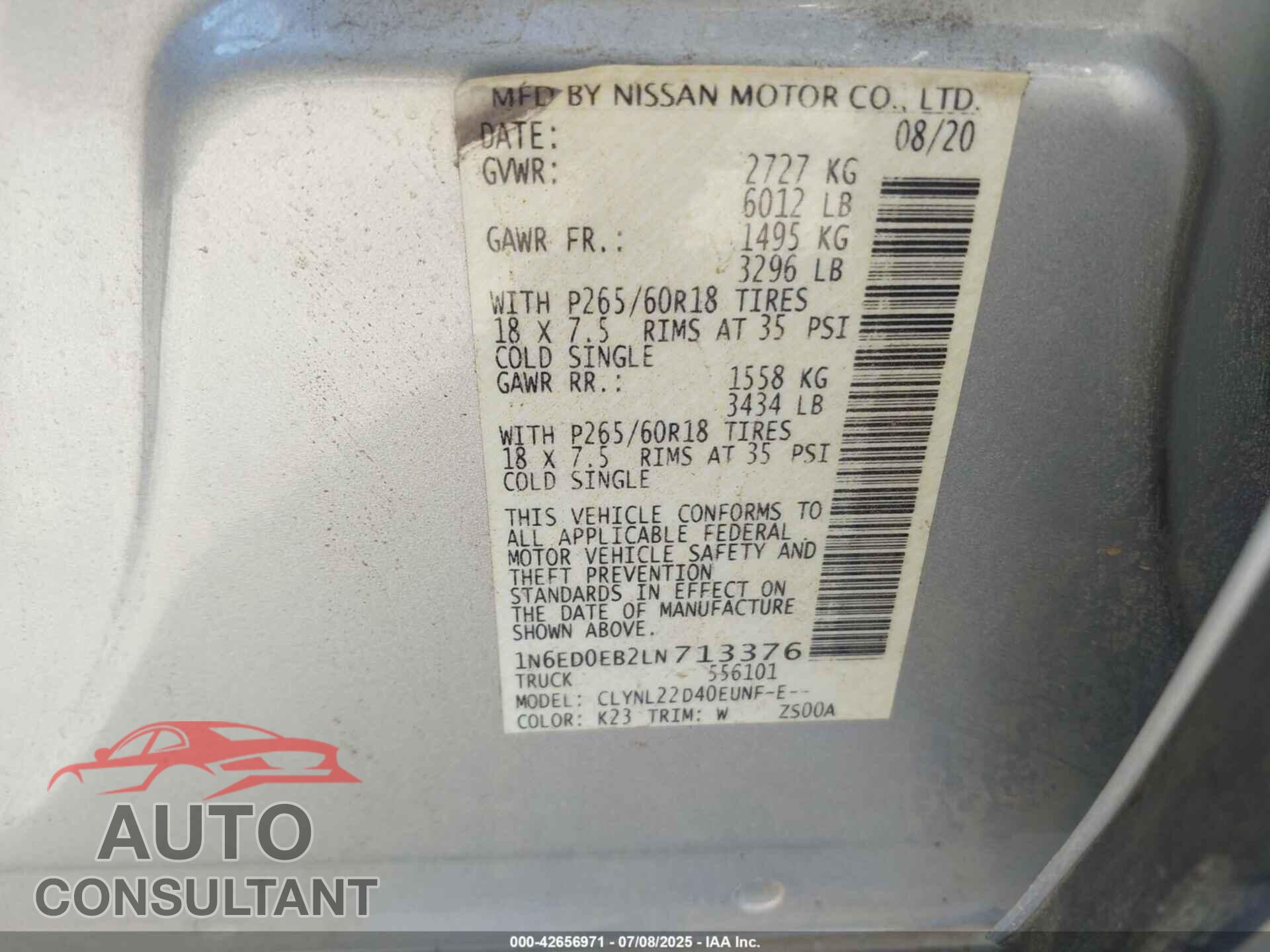 NISSAN FRONTIER 2020 - 1N6ED0EB2LN713376