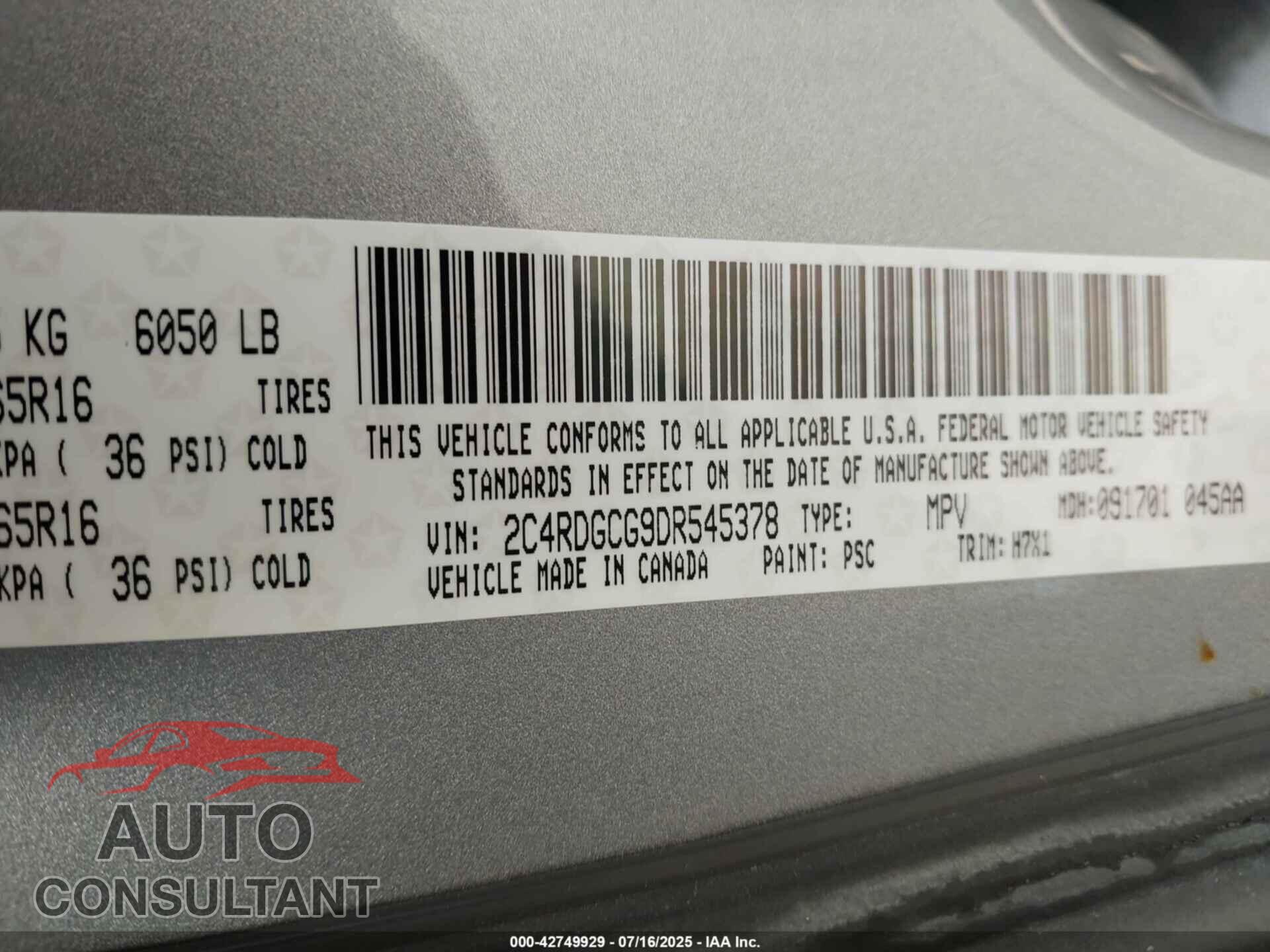 DODGE GRAND CARAVAN 2013 - 2C4RDGCG9DR545378