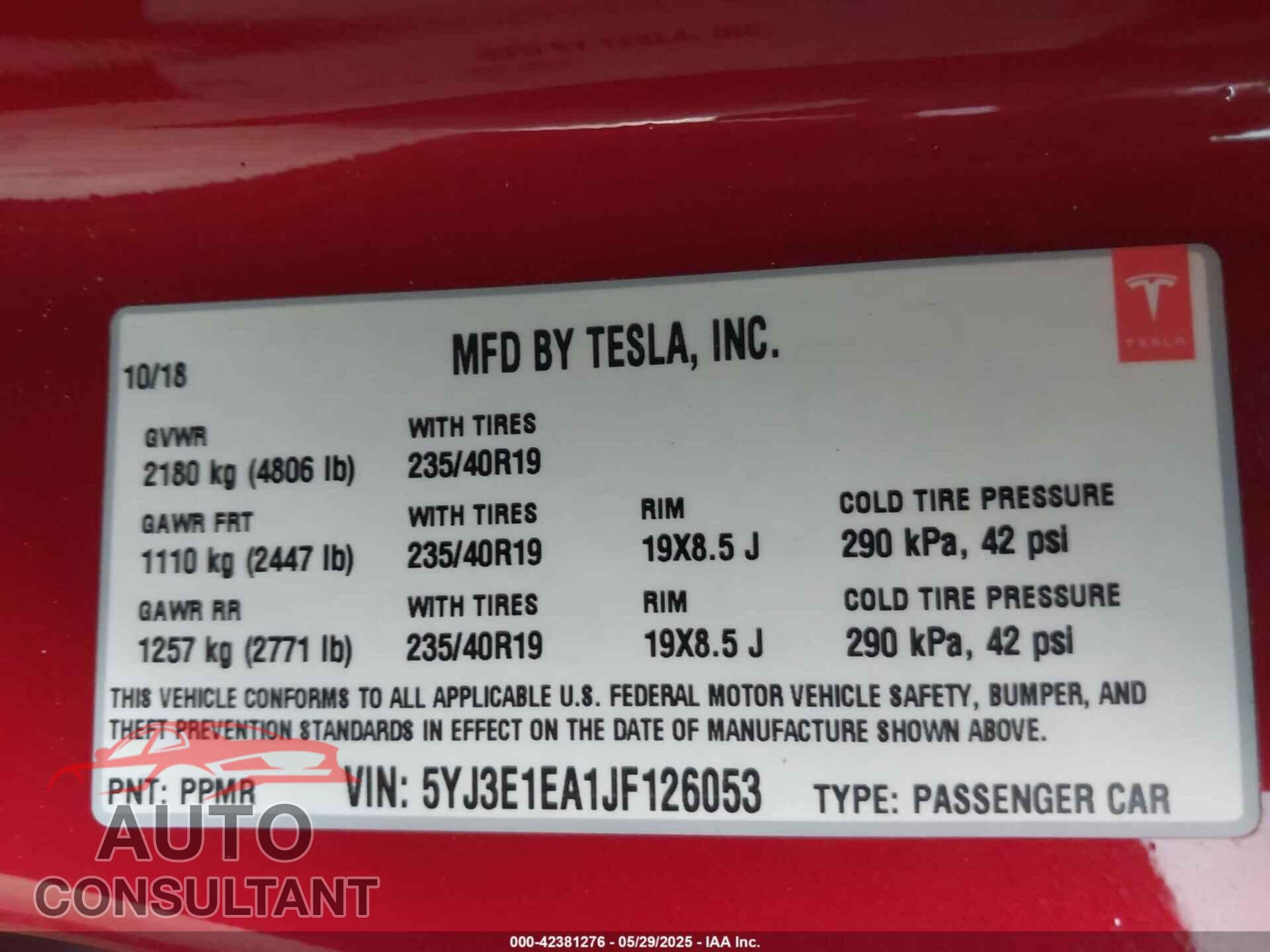 TESLA MODEL 3 2018 - 5YJ3E1EA1JF126053