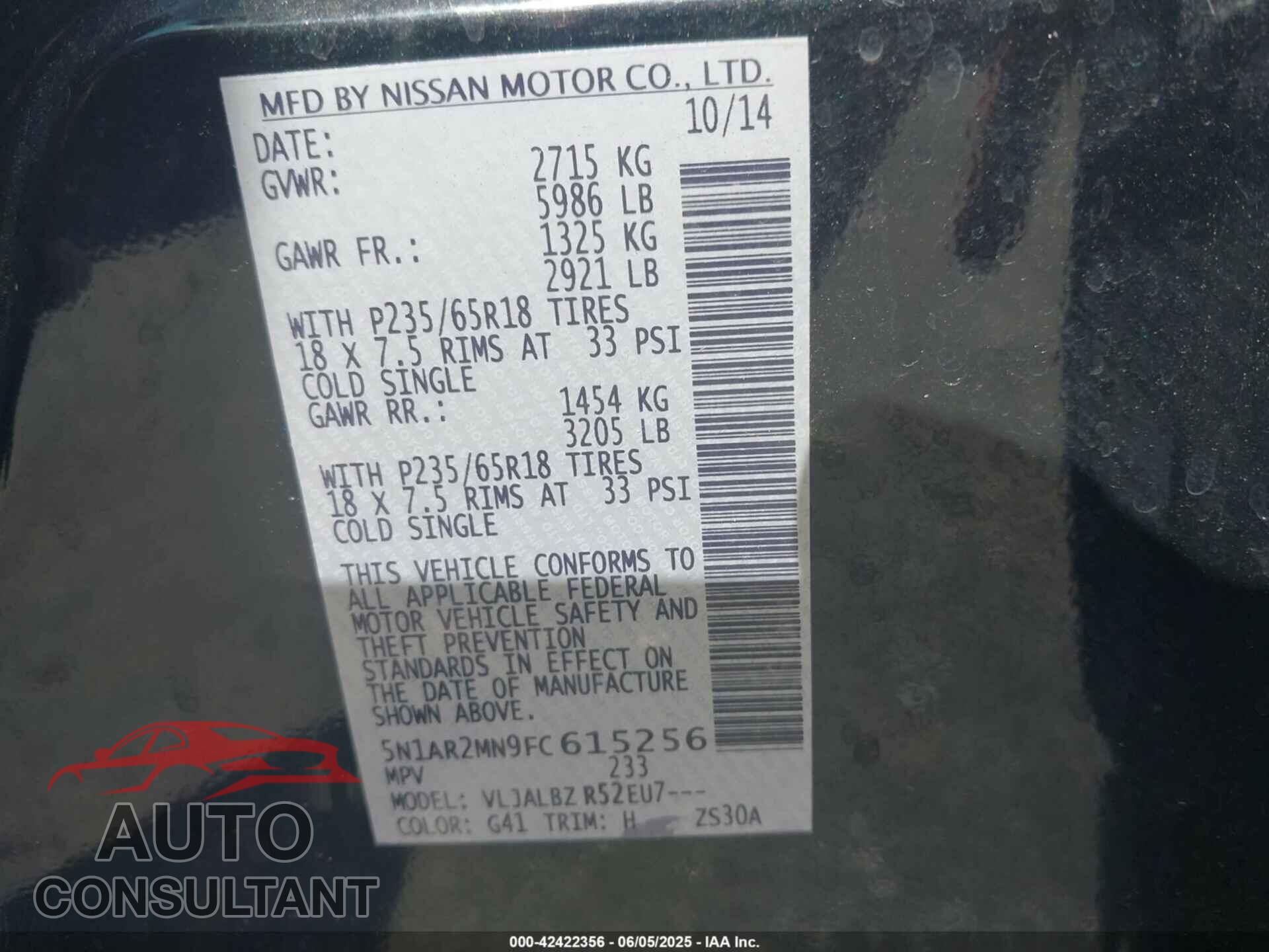 NISSAN PATHFINDER 2015 - 5N1AR2MN9FC615256