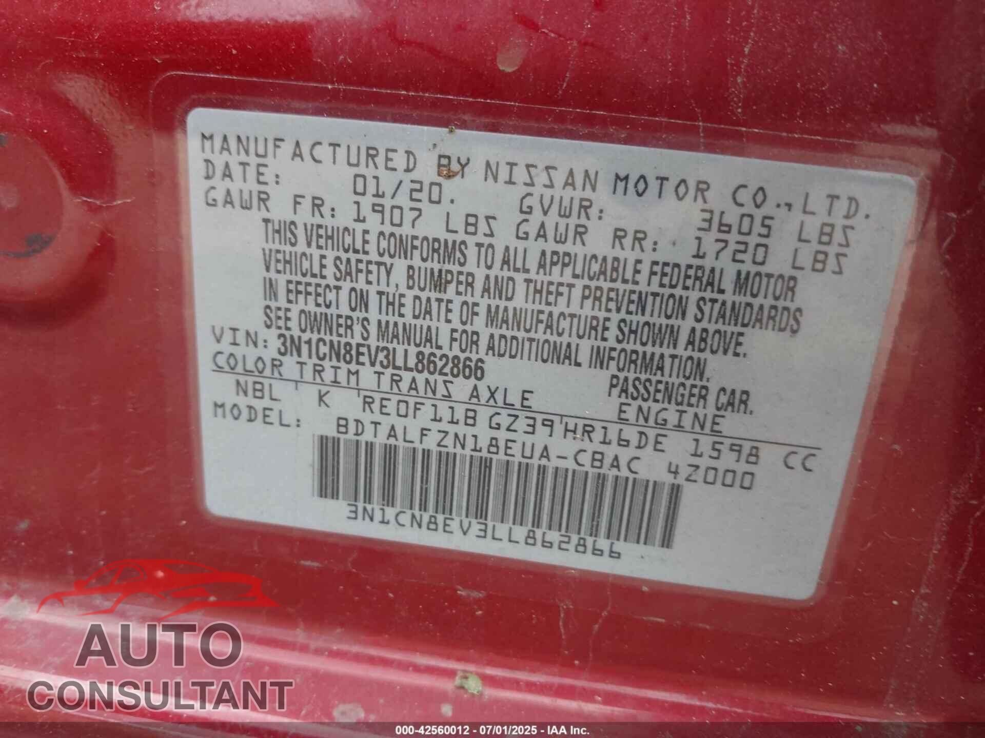 NISSAN VERSA 2020 - 3N1CN8EV3LL862866