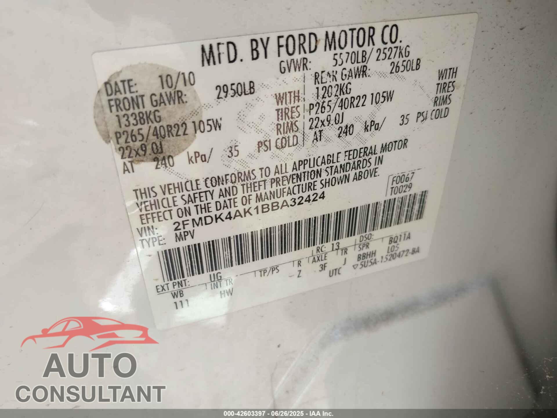 FORD EDGE 2011 - 2FMDK4AK1BBA32424