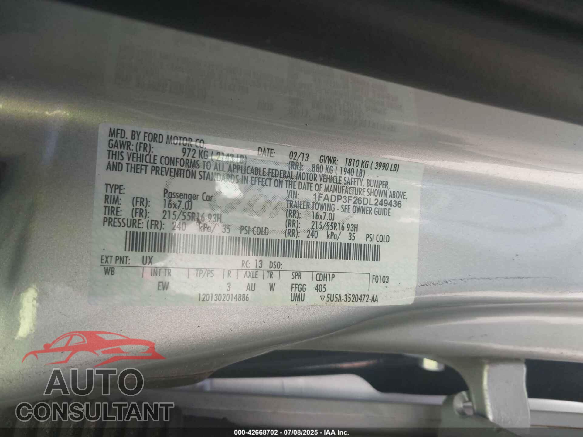 FORD FOCUS 2013 - 1FADP3F26DL249436