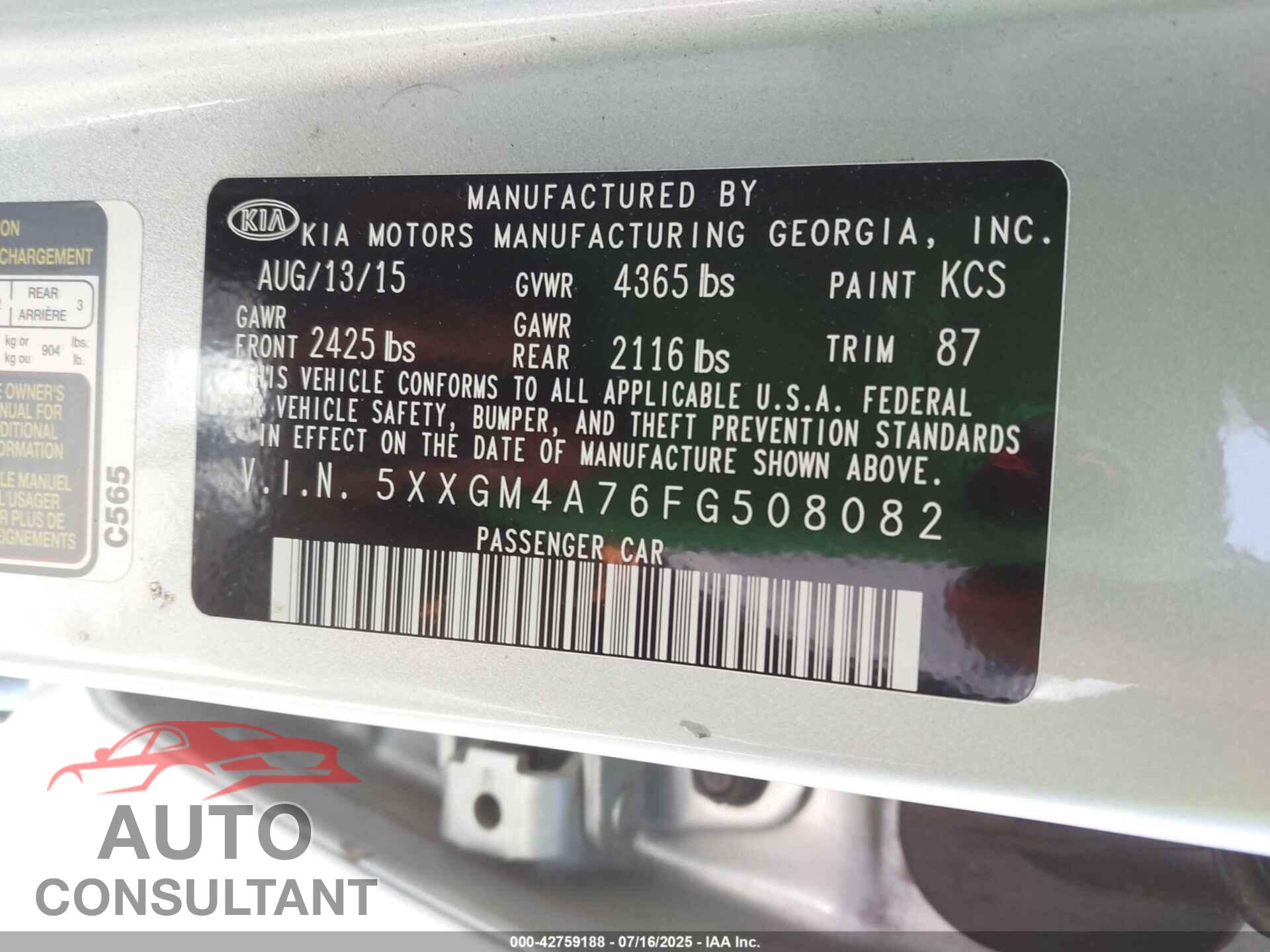 KIA OPTIMA 2015 - 5XXGM4A76FG508082
