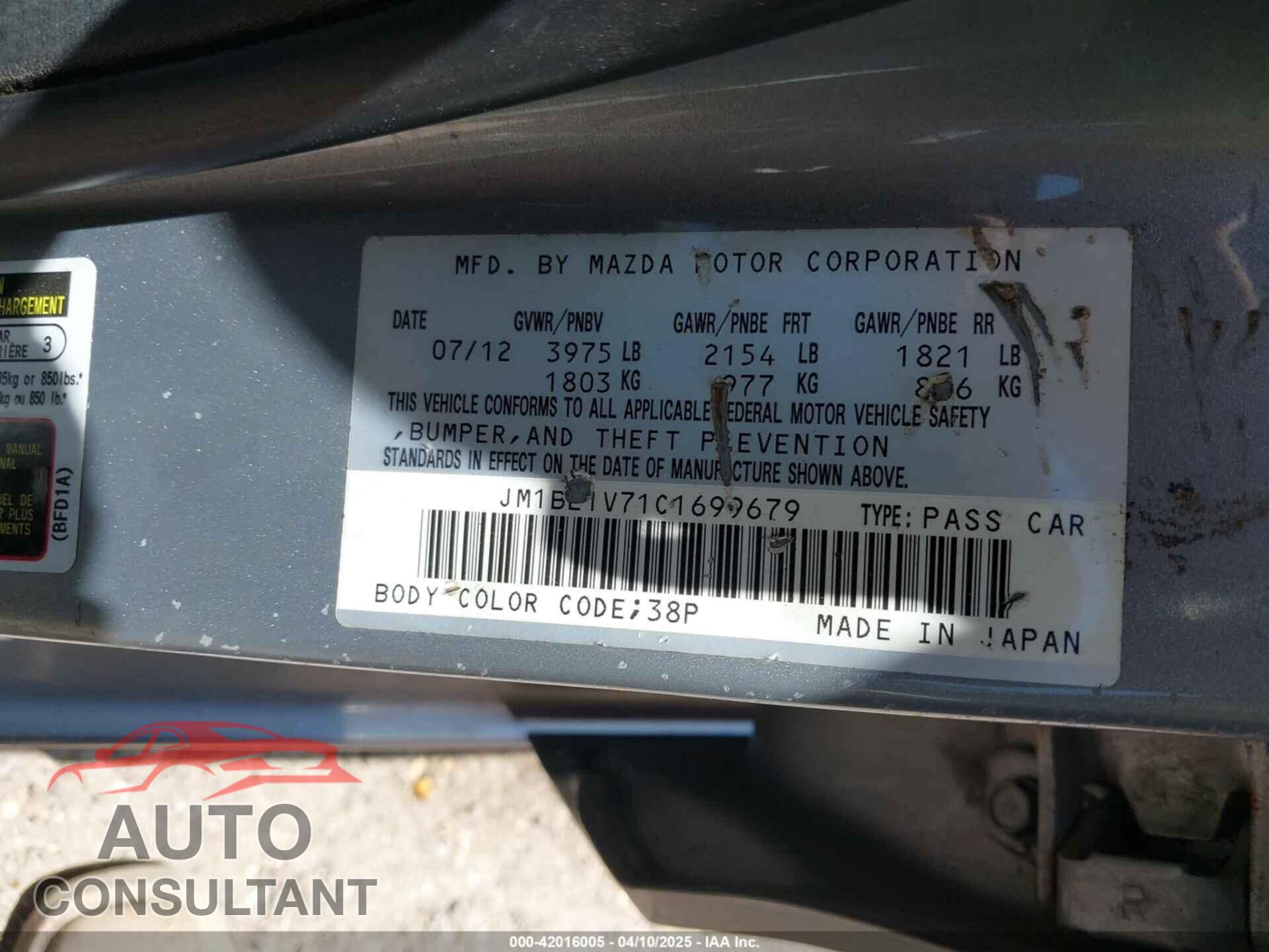 MAZDA MAZDA3 2012 - JM1BL1V71C1699679