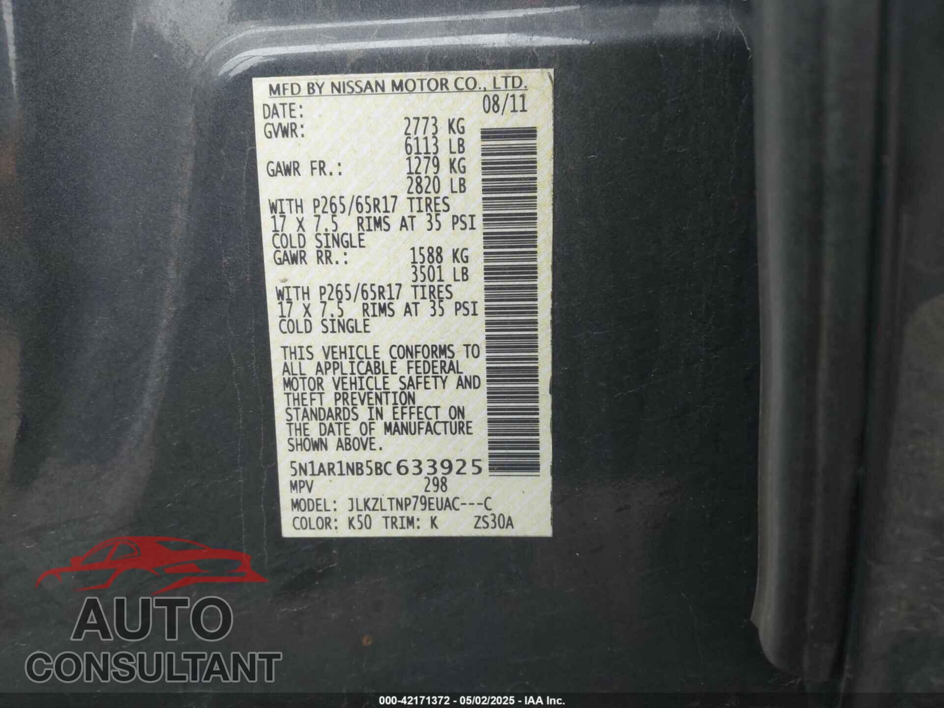 NISSAN PATHFINDER 2011 - 5N1AR1NB5BC633925