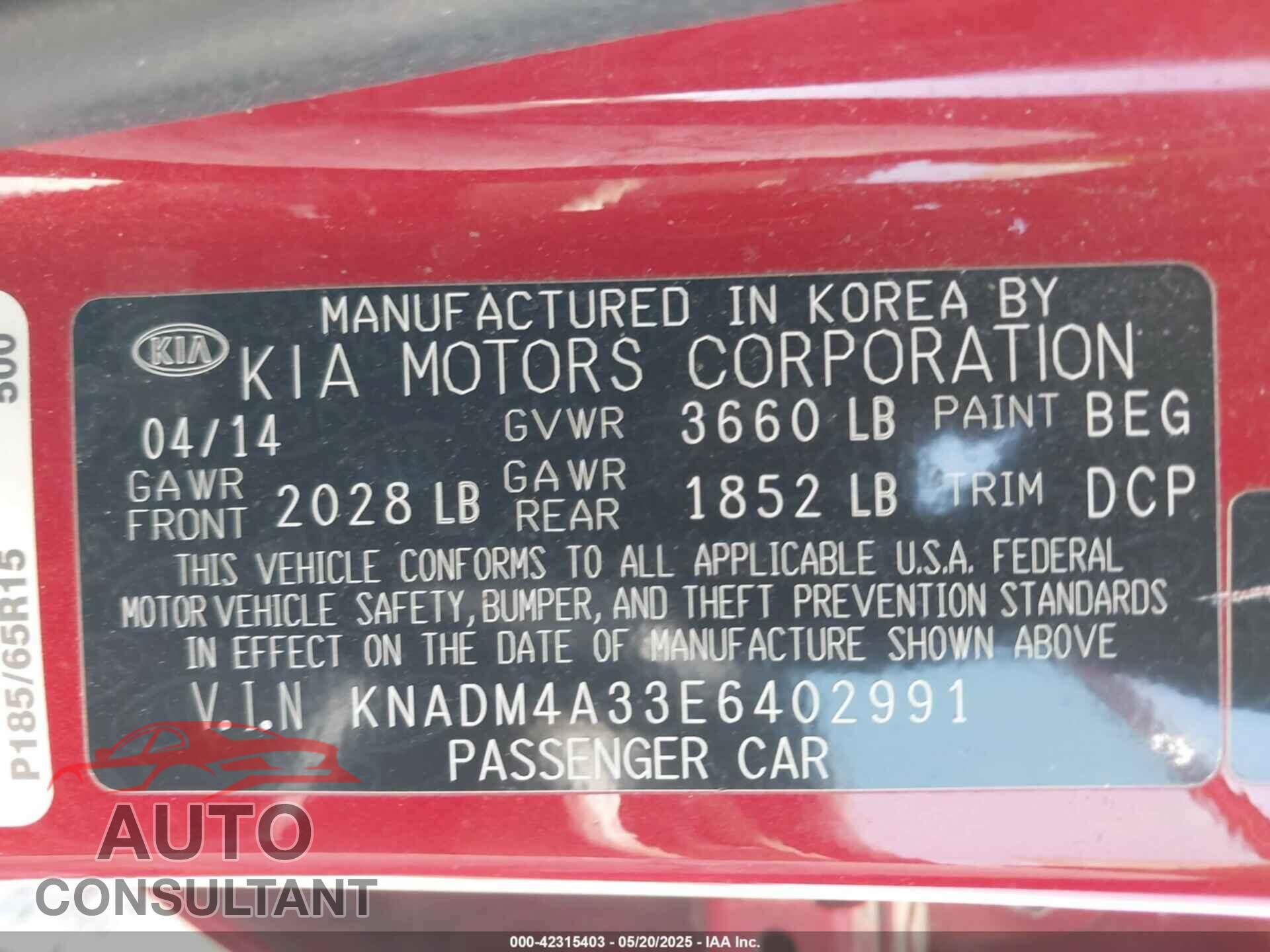 KIA RIO 2014 - KNADM4A33E6402991
