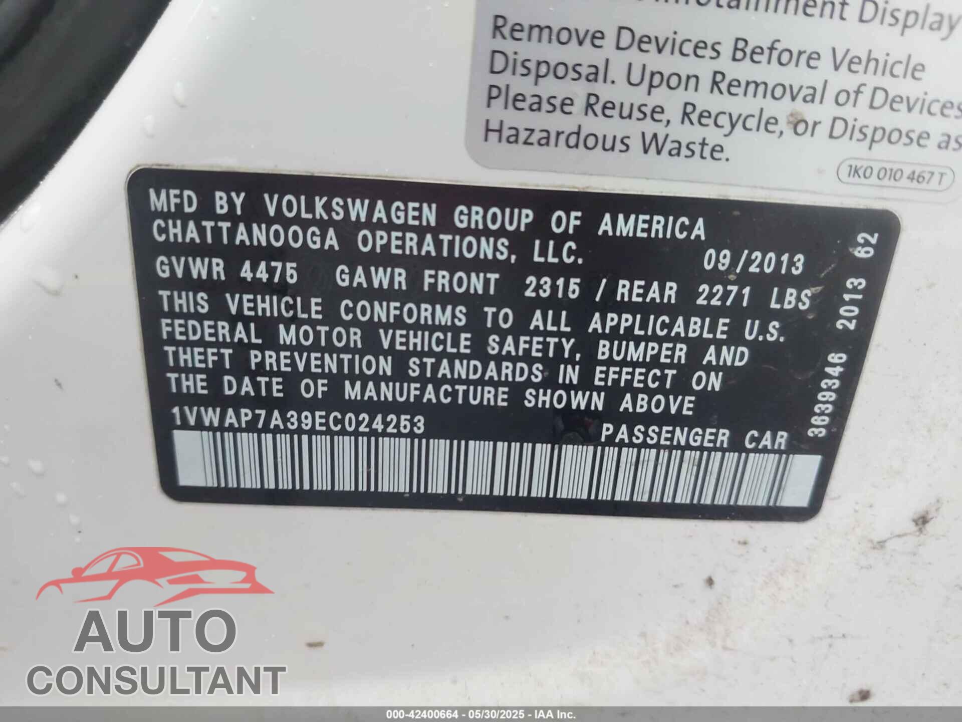 VOLKSWAGEN PASSAT 2014 - 1VWAP7A39EC024253
