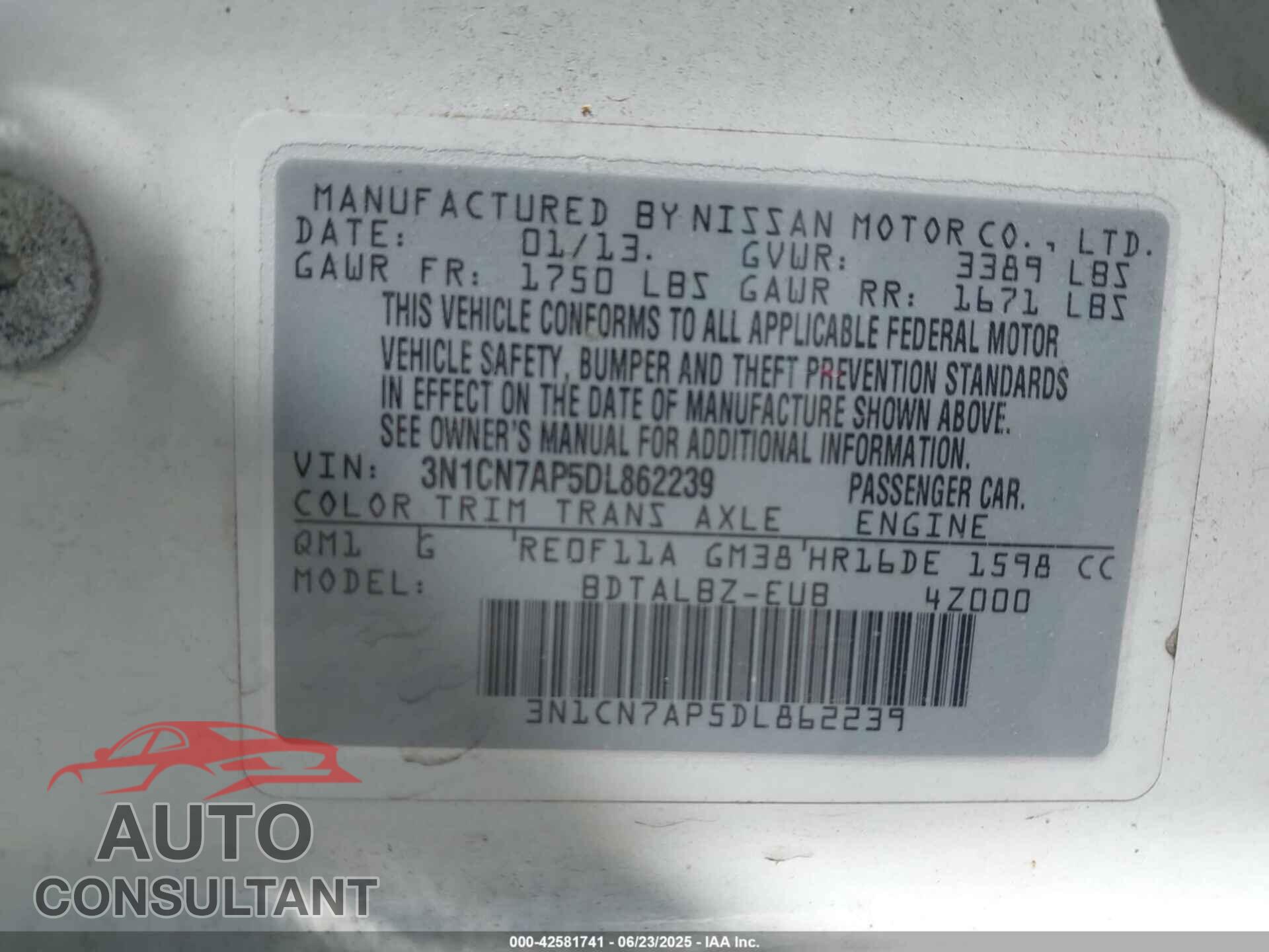 NISSAN VERSA 2013 - 3N1CN7AP5DL862239