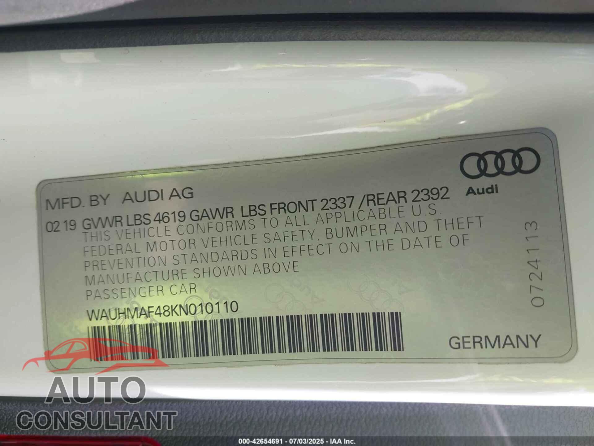 AUDI A4 2019 - WAUHMAF48KN010110