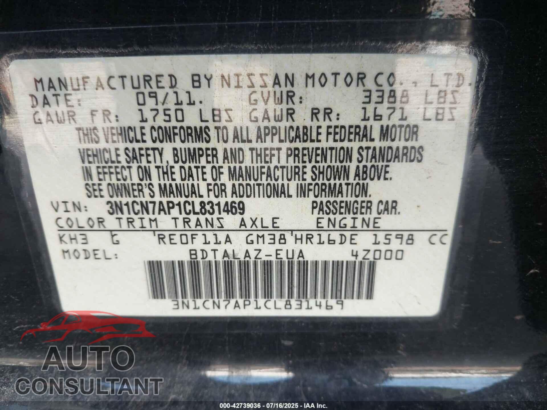 NISSAN VERSA 2012 - 3N1CN7AP1CL831469