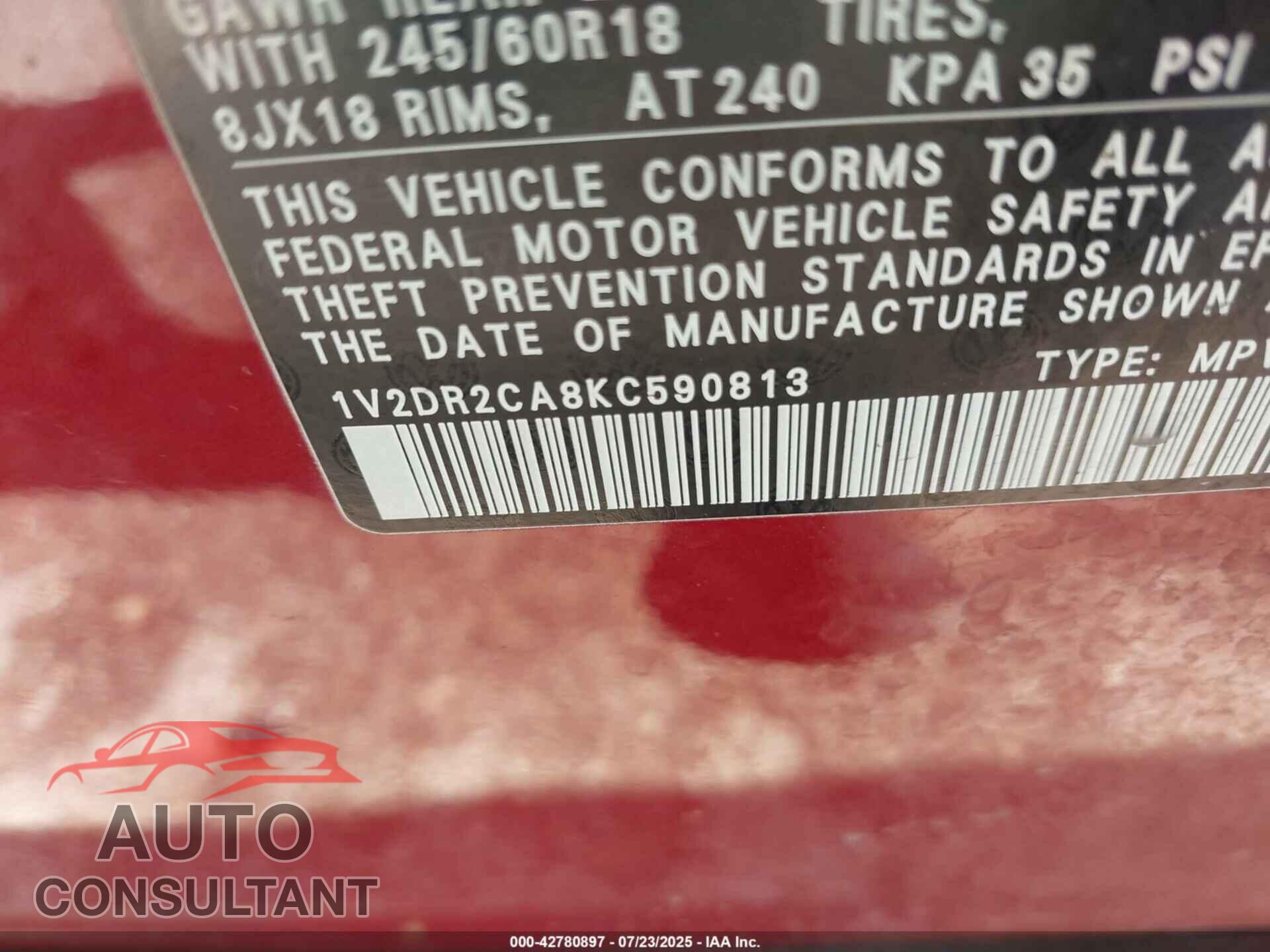 VOLKSWAGEN ATLAS 2019 - 1V2DR2CA8KC590813