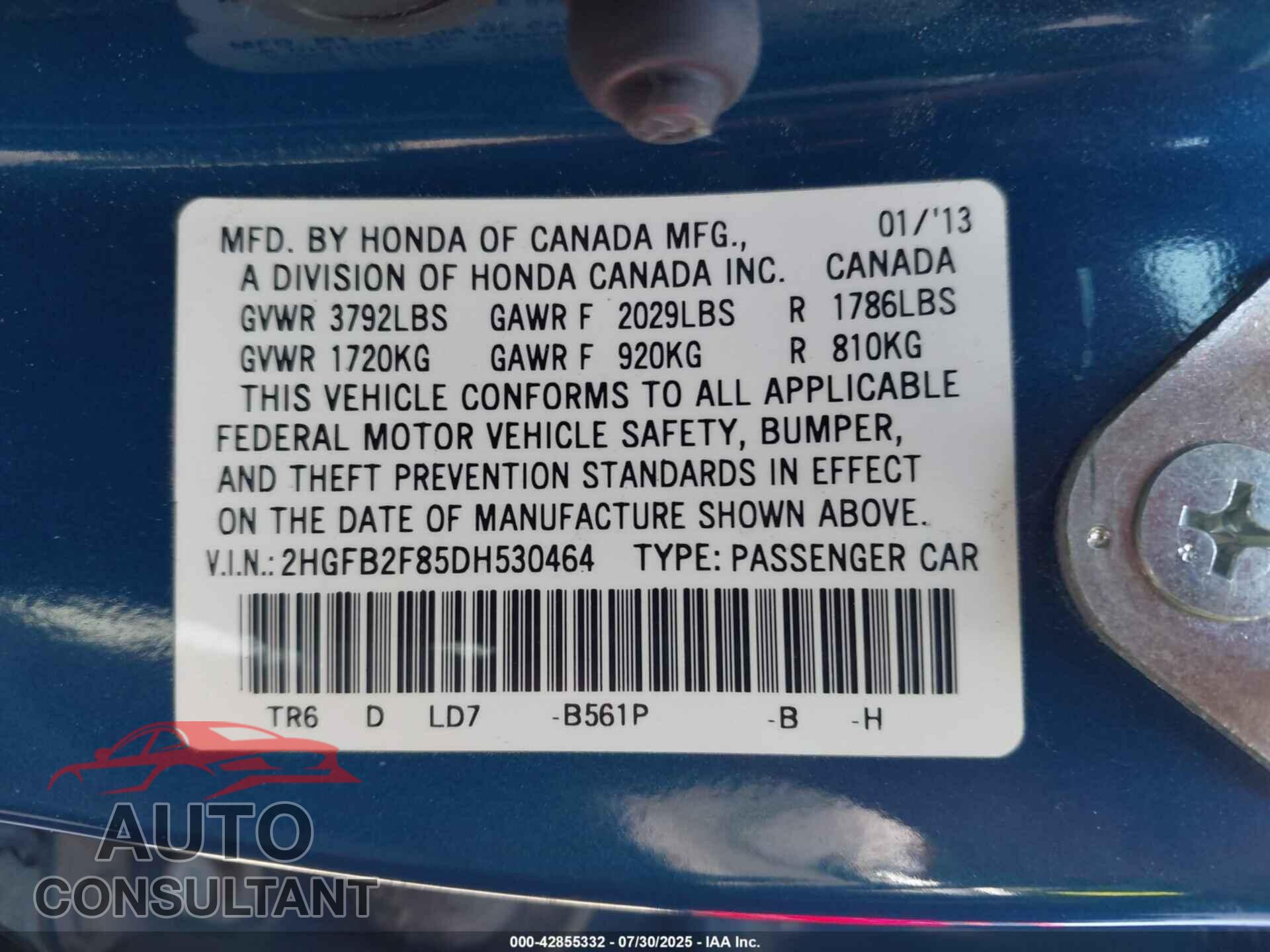 HONDA CIVIC 2013 - 2HGFB2F85DH530464