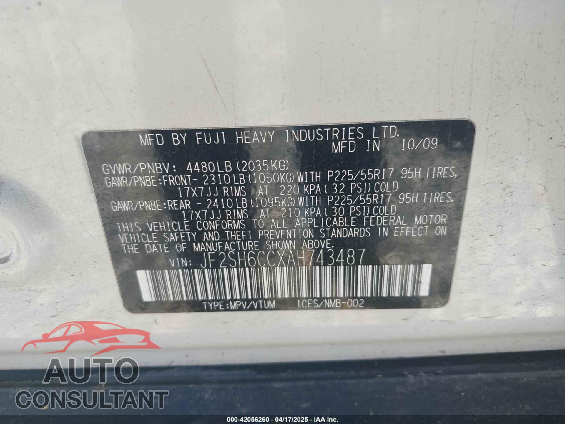 SUBARU FORESTER 2010 - JF2SH6CCXAH743487
